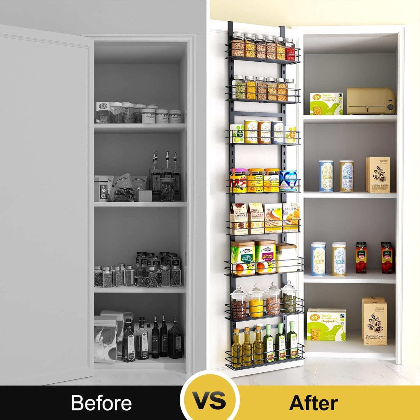 Pantry Door Organizer 12 Inch Wide, 8 Tier Hanging Adjustable Over the Door Spice Rack For Narrow Space,Matt Black