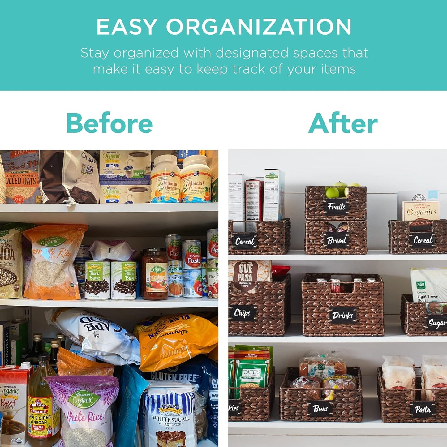 Best Choice Products Set of 4 9x12in Water Hyacinth Pantry Baskets, Woven Organizers w/Chalkboard Label, Chalk Marker - Brown