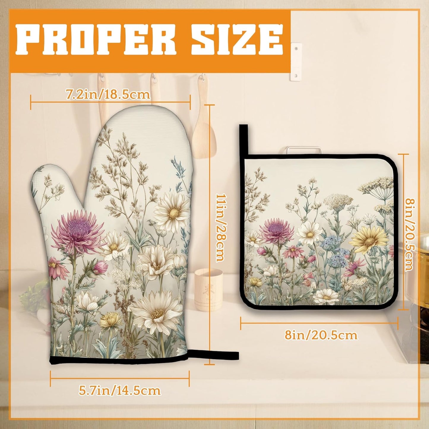 Vintage Wildflowers Oven Mitts and Pot Holders,Floral Botanical Herbs Heat Resistant Oven Mitts Gloves and Pot Holder for Home Kitchen Decorations Cooking Baking BBQ Gifts,Set of 4