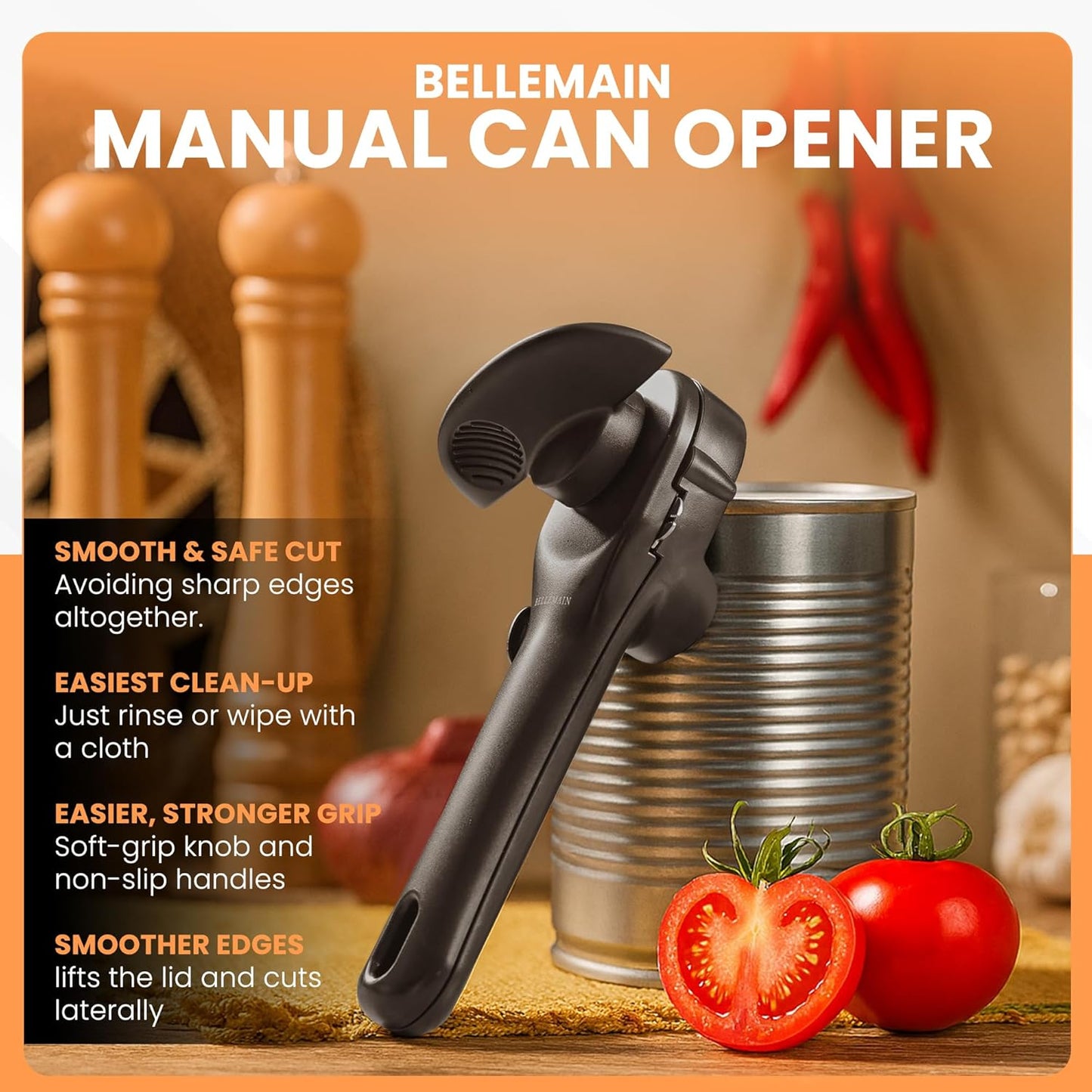 Bellemain Stainless Steel Can Opener – Manual Can Opener For seniors - Ergonomic Smooth edge Can Opener Hand Held Heavy Duty – Easy to use can opener safe cut