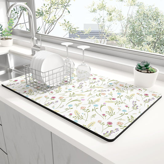 Rnivvi Dish Drying Mat for Kitchen Counter, 12 x 19" Cute Flower Theme Super Absorbent Draining Pad, Non-Slip Heat Resistant Coffee Bar Mat for Coffee Machine Station Accessories, White Dish Rack Pad