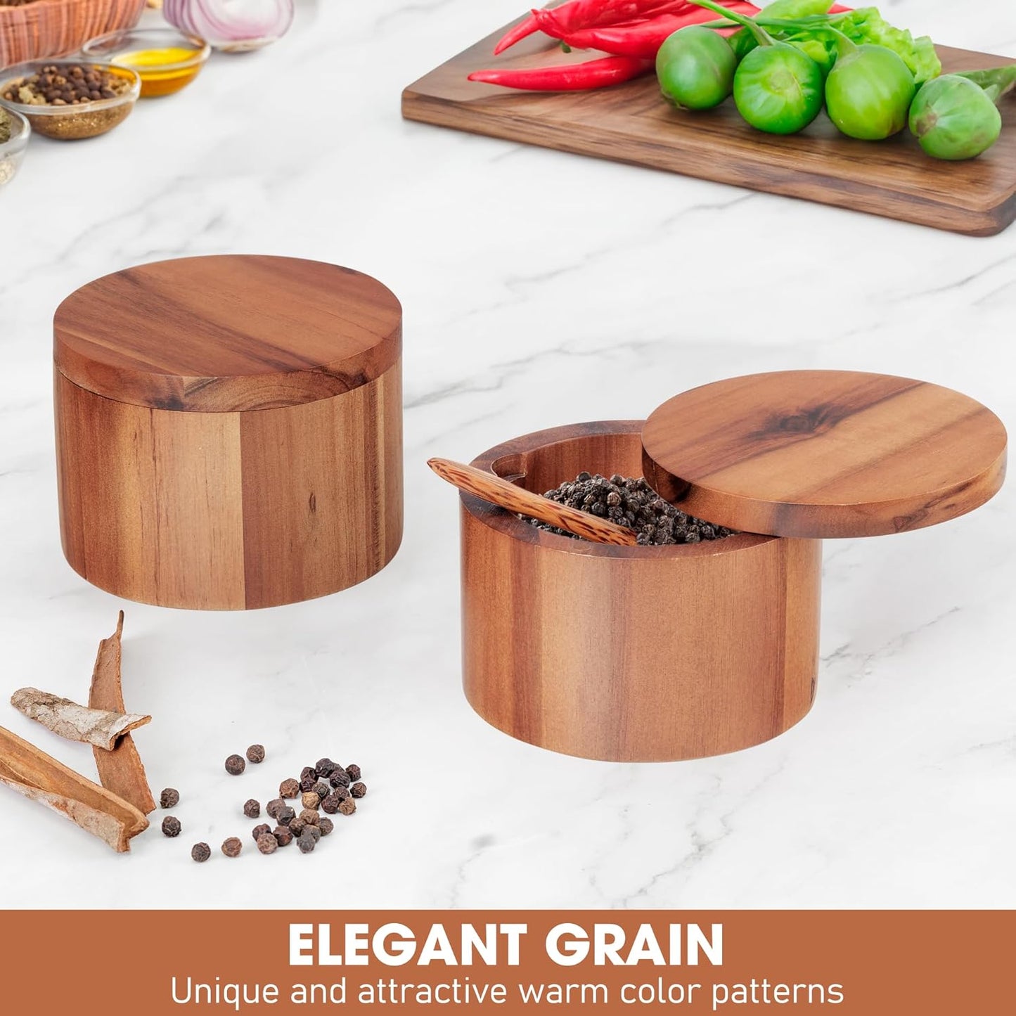 9-ounce Salt Cellar with Spoon and Swivel Lid, Acacia Wood Salt & Spice Box, Salt Keeper, Wood Jar for Kitchen, Perfect for Storing Table Salt, Gourmet Salts, Herbs, or Your Favorite Seasonings