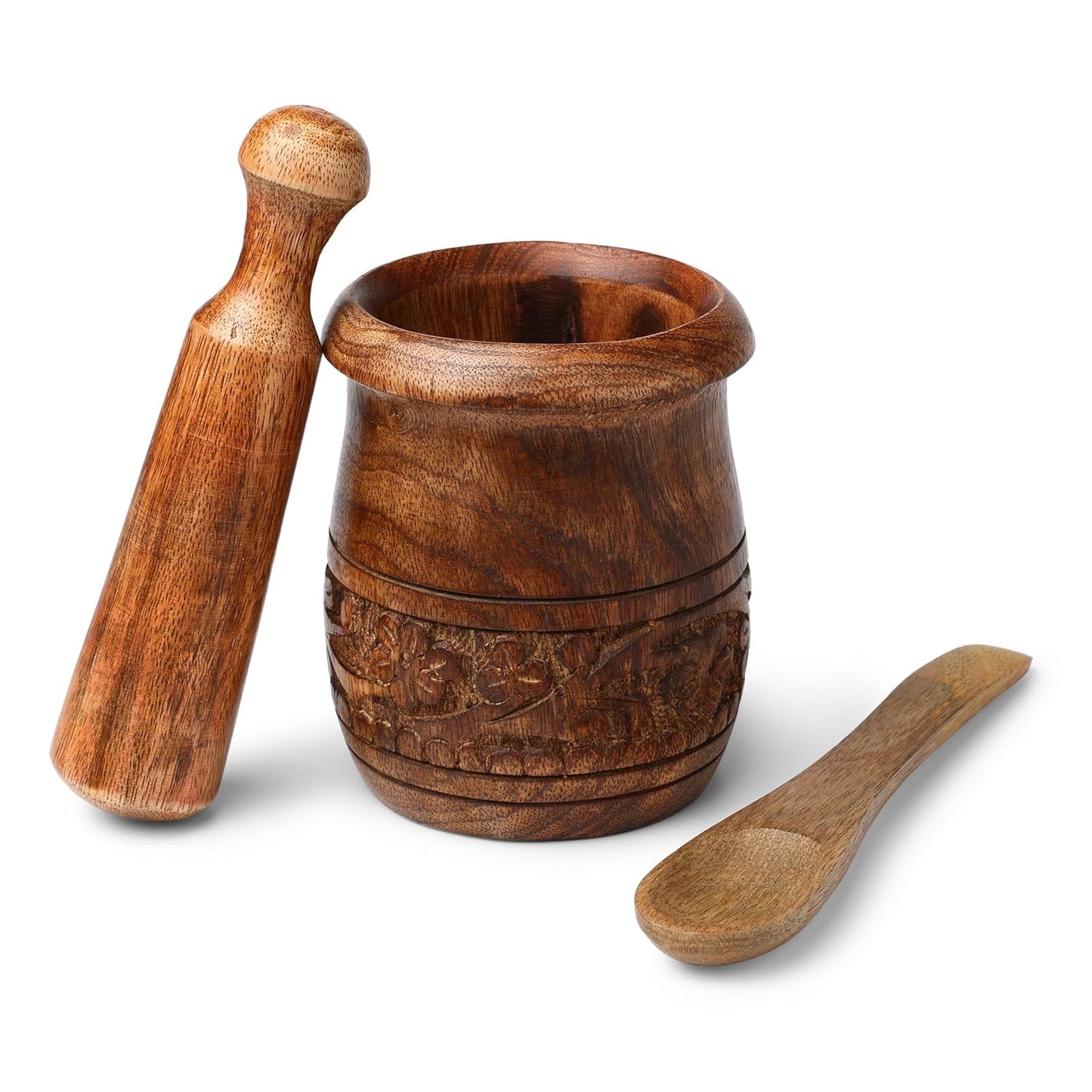 GoCraft Wooden Carved Mortar and Pestle | Grinder for Herbs, Spices and Kitchen Usage, Natural Mango Wood Engraved | Handmade Mortar and Pestle - 3.5 in