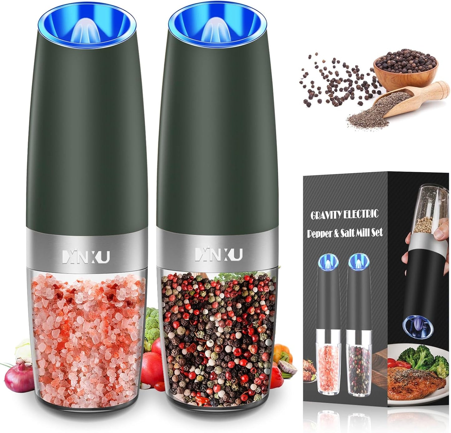XinXu Gravity Electric Pepper and Salt Grinder Set, Automatic Mill Grinder Shaker,Battery-Operated, Adjustable Coarseness, Stainless Steel, LED Light, One Hand Operated,Dark Green