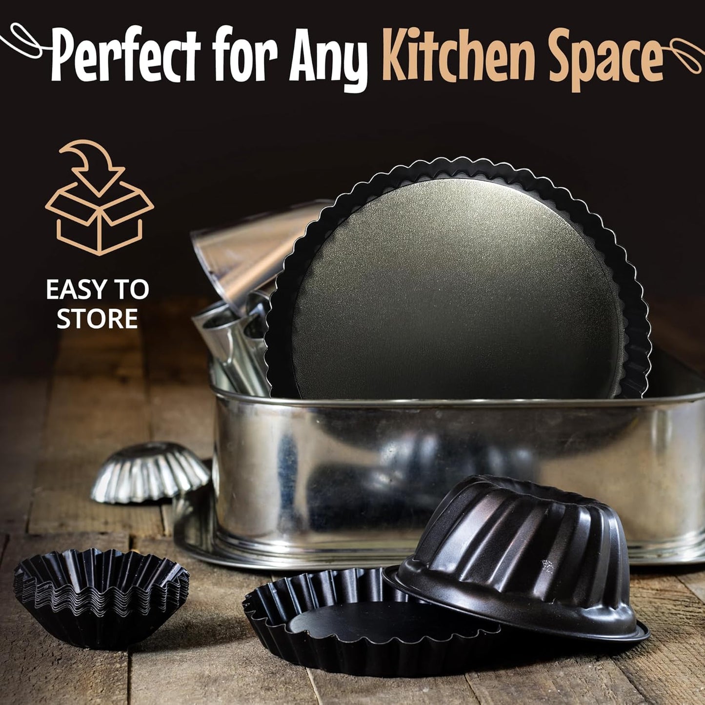 9 Inch Tart Pan with Removable Bottom – Non-Stick Deep Fluted Quiche and Pie Pan, Carbon Steel Loose Bottom Tart Pan, 9.5 Inch Top / 9 Inch Base, 1.1 Inch Deep Baking Pan