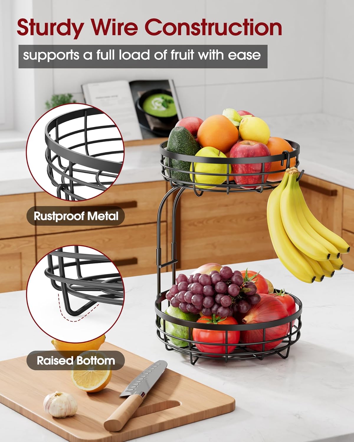 Fruit Basket for Kitchen Counter - 2-Tier Large Capacity Fruit Bowl with Detachable Banana Hanger, Rust-Proof Metal Fruit Holder for Vegetables, Bread, Toiletry,10" D x 10" W x 14" H, Black