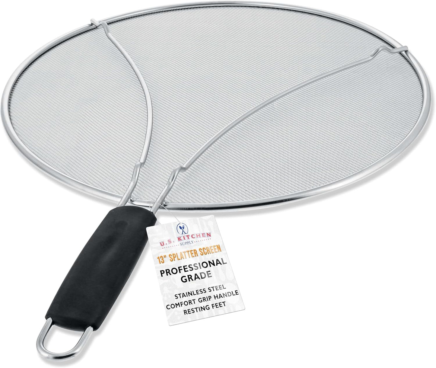 U.S. Kitchen Supply Stainless Steel Splatter Guard 13" Fine Mesh Cover, Grease & Oil, Splatter Screen for Frying Pan, Cooking Pots, with Resting Feet & Comfort Grip Handle