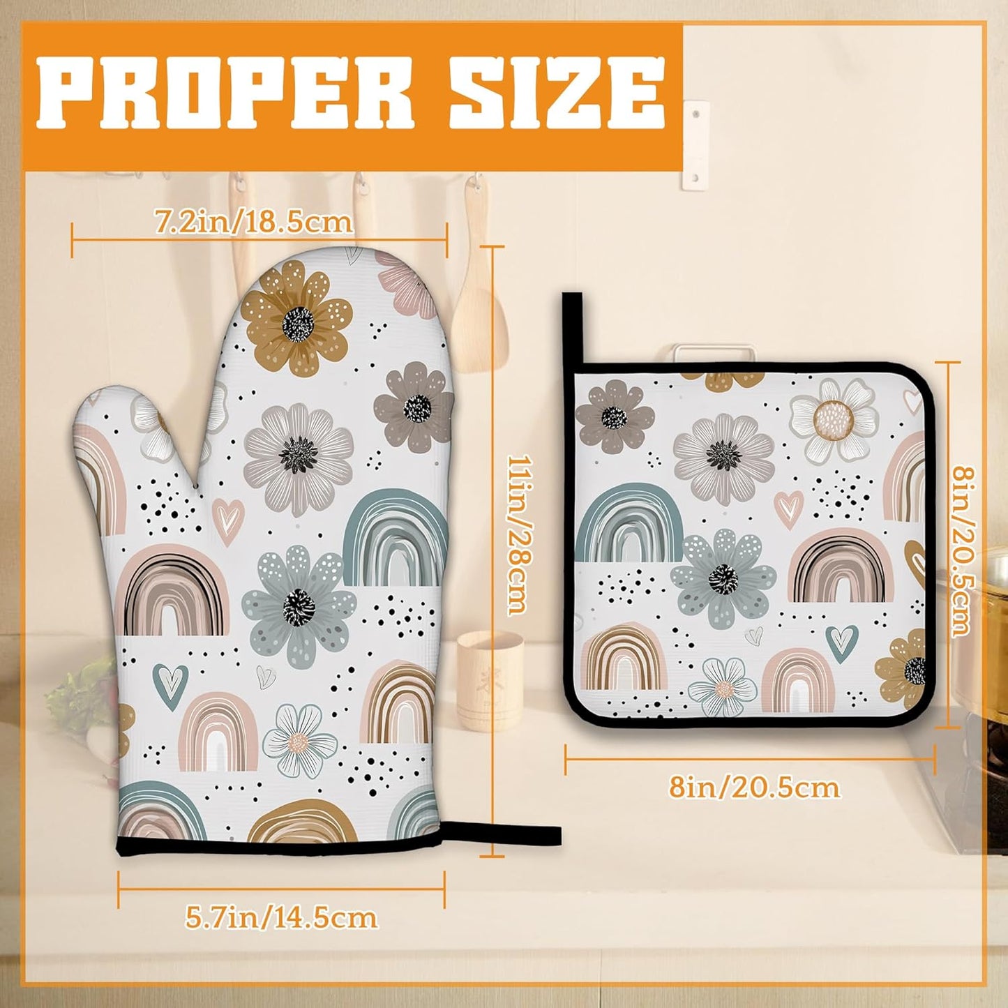 Cute Rainbows Oven Mitts and Pot Holders,Boho Floral Flowers Heat Resistant Oven Mitts Gloves and Pot Holder for Home Kitchen Decorations Cooking Baking BBQ Gifts,Set of 4