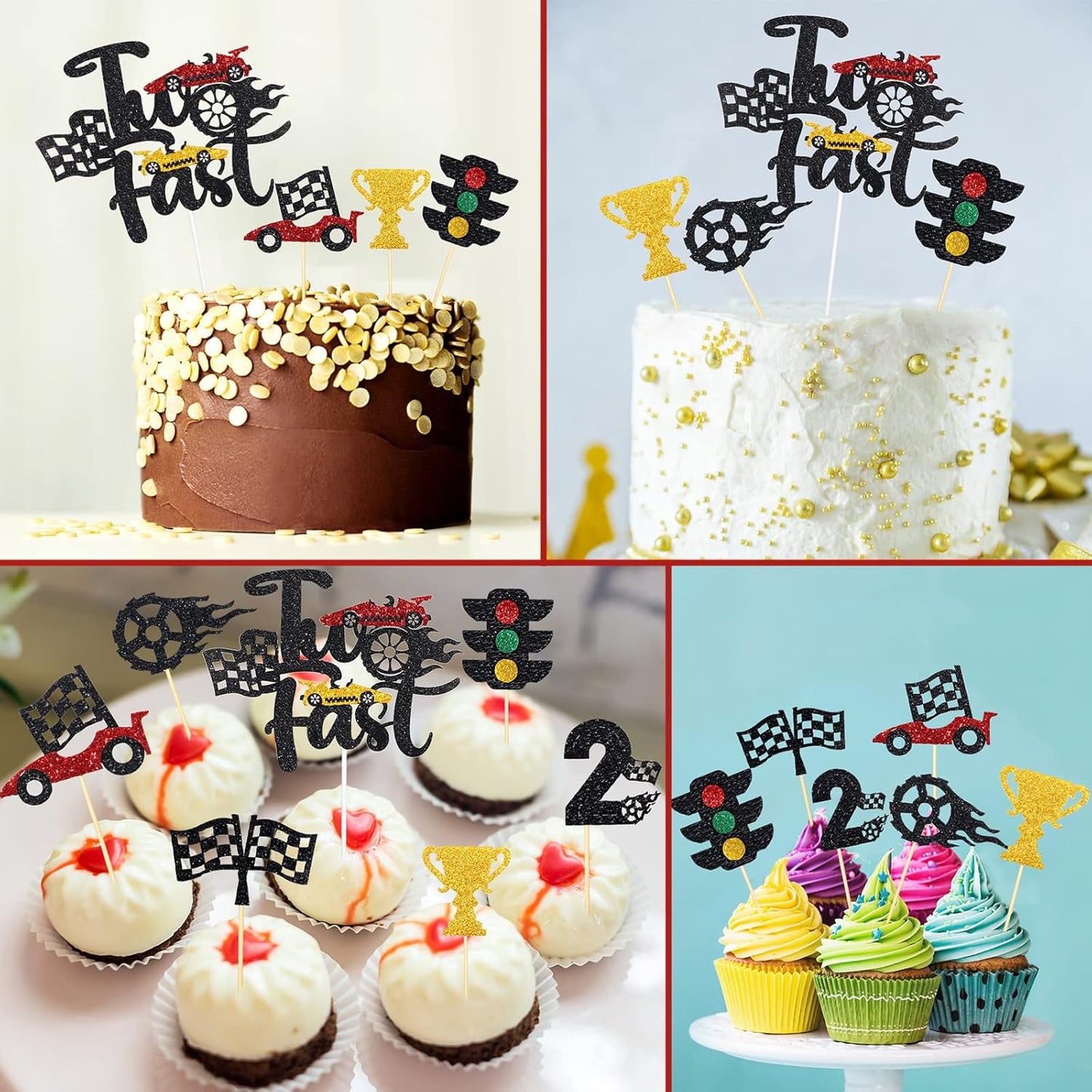 Gersoniel 49 Pack Two Fast Cake Toppers Cake Decoration Double Sided Trophy Flag Race Car Birthday Party Supplies