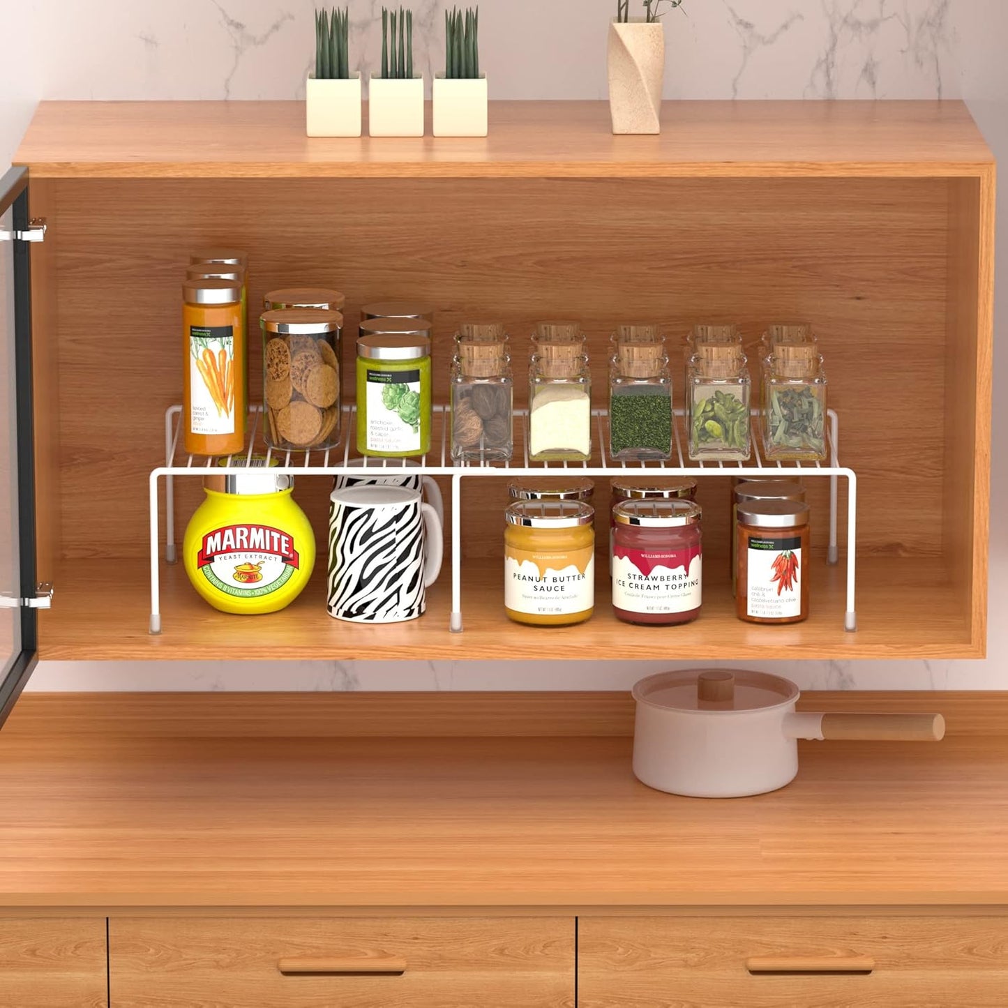 Redrubbit Cabinet Storage Shelf Rack, Expandable Metal Rustproof Kitchen Counter and Cabinet Shelf, Storage Rack Organizer Space Saver for Kitchen, Fridge, Cabinet, Bathroom, White, Set of 6