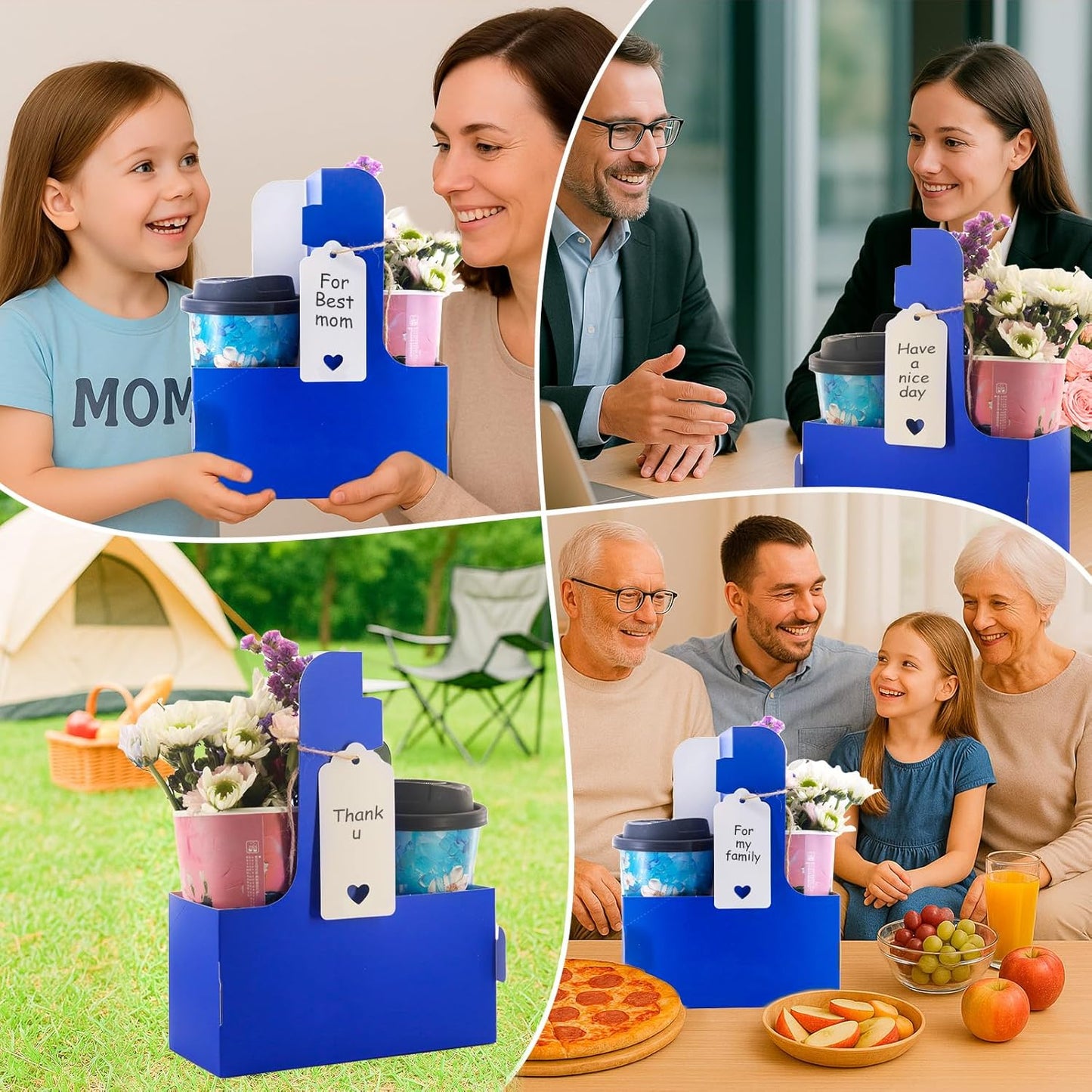 30 Pack 2 Cup Disposable Drink Carrier with Handle Paperboard Coffee Cup Holder Portable for Hot Cold Drinks Food Delivery Services with Heart Card for Teacher Appreciation Week Mother's Day