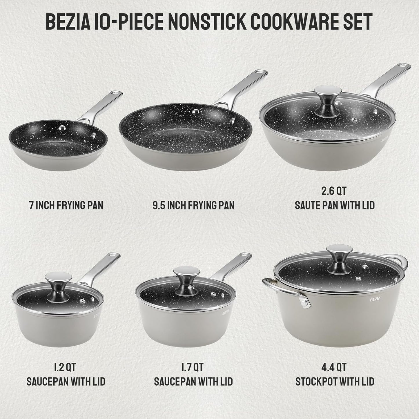 Induction Cookware Nonstick, BEZIA Pots and Pans Set for Induction Cooktop, Compatible with All Stoves, Dishwasher Safe Kitchen Cooking Pan Set with Frying Pans, Saucepans & Stockpot, 10-Piece (Grey)