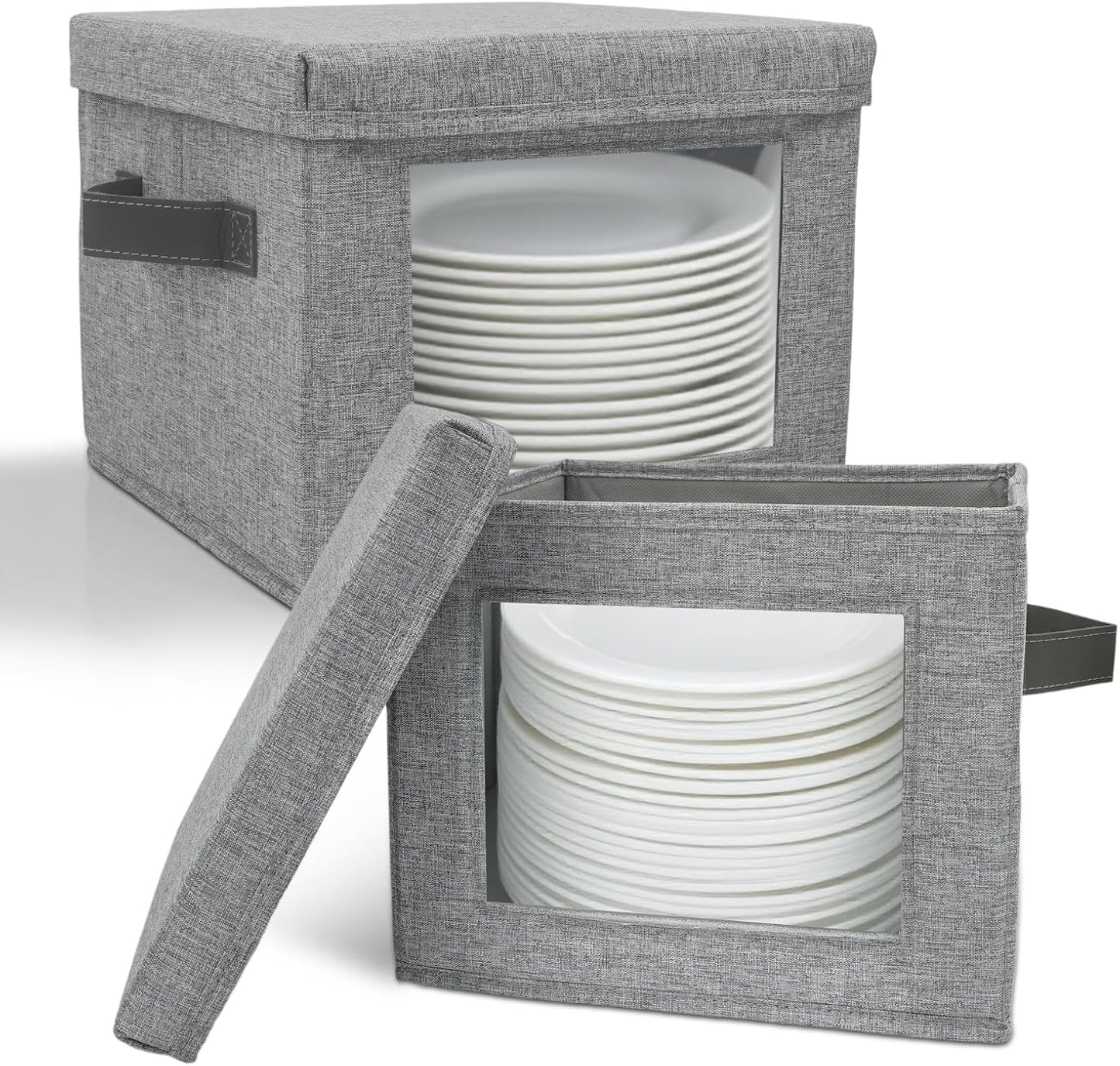HOMELUX THEORY Plate Storage Box, 2pc 12"x8" Light Gray Hard Shell China Storage Containers, Kitchen Storage Bins With Lids, Heavy Duty Moving Box with Handles for Dishes, Dinner Plate & Dinnerware