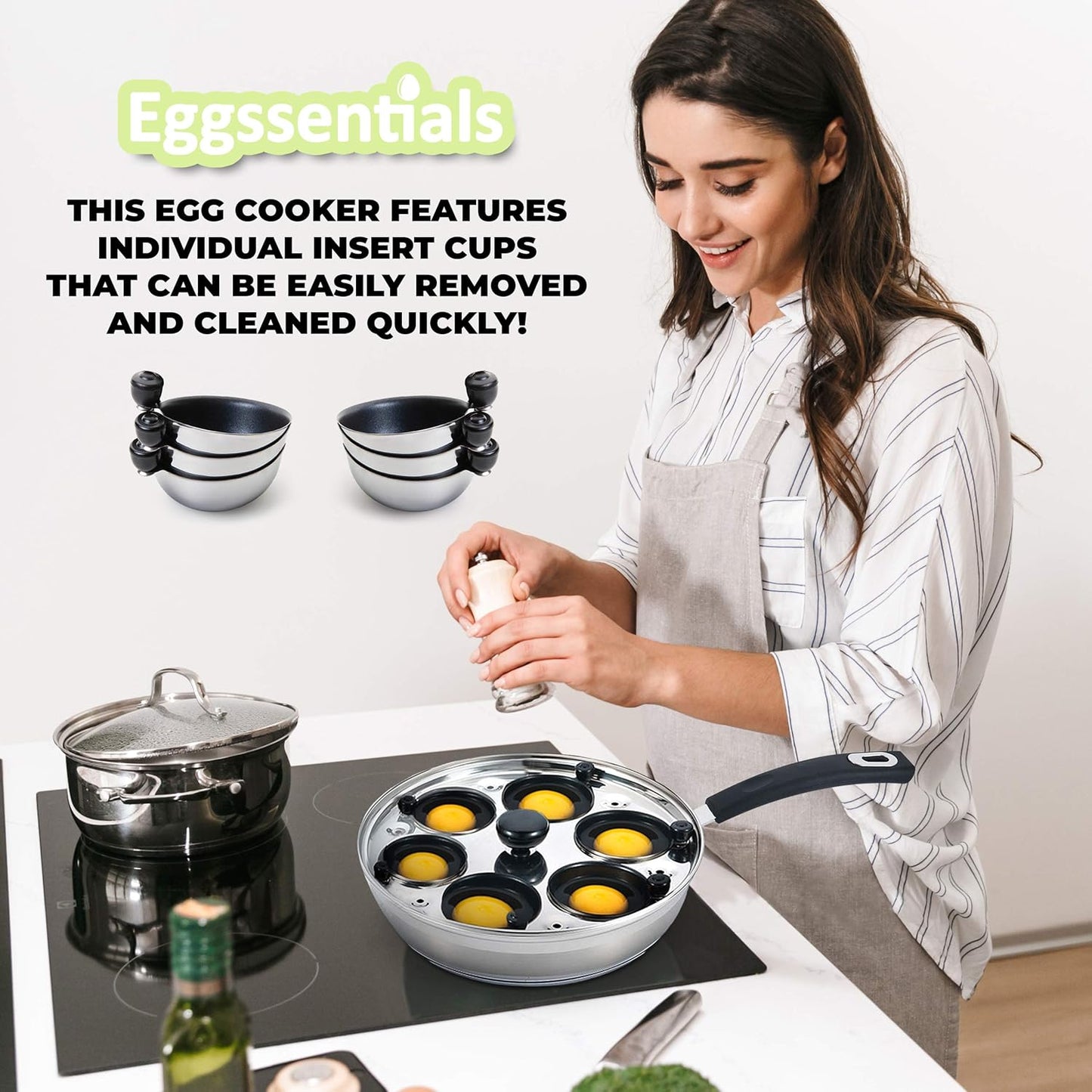 Eggssentials Egg Poacher Pan Nonstick Poached Egg Maker, Stainless Steel Egg Poaching Pan, Poached Eggs Cooker Food Grade Safe PFOA Free with Spatula, Egg Poachers Cookware