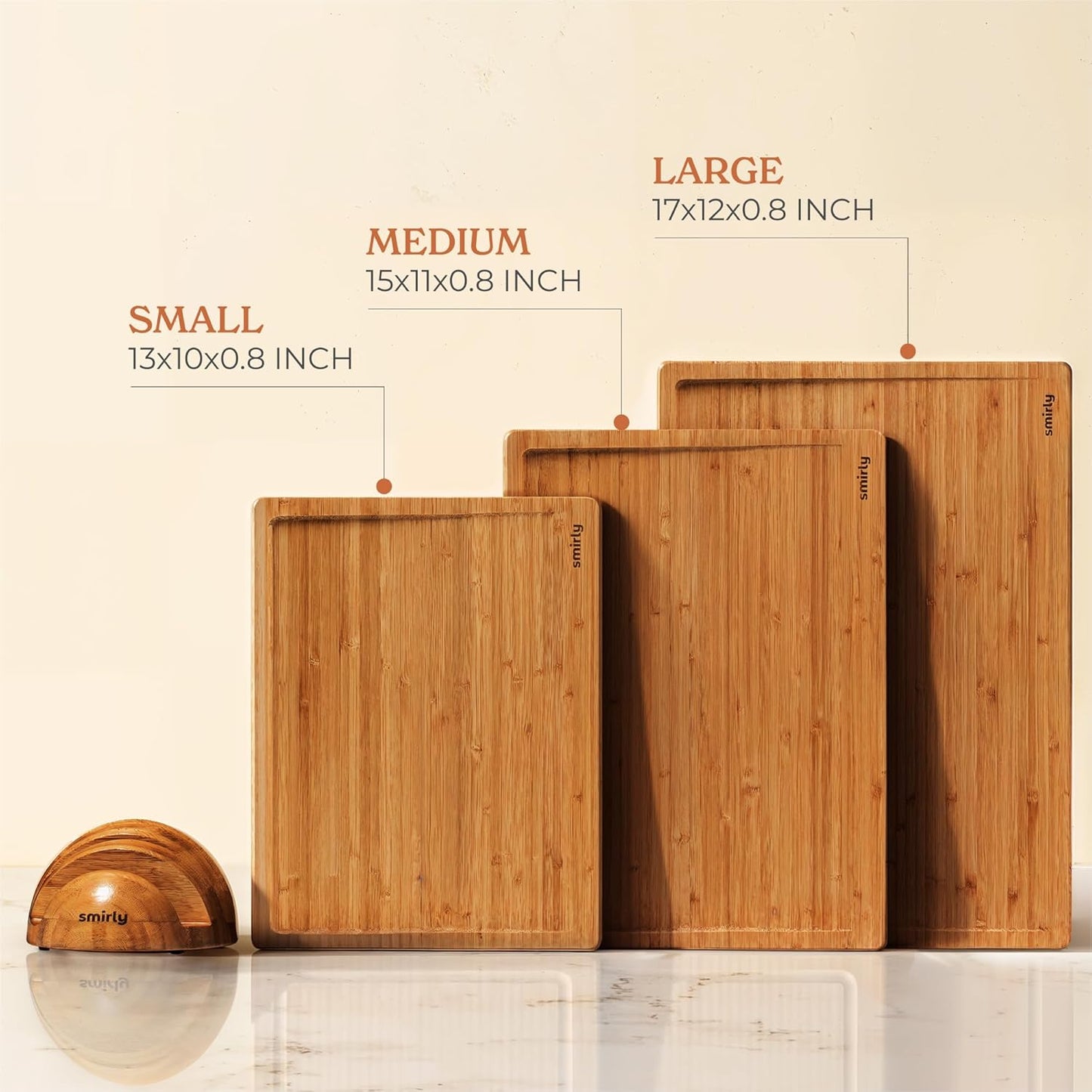 SMIRLY Wood Cutting Boards for Kitchen Wooden Chopping Board Set Reversible with Deep Juice Grooves Grip Handles, Large Charcuterie Tray, New Apartment Essentials, Carbonized Bamboo, 3Pcs with Holder