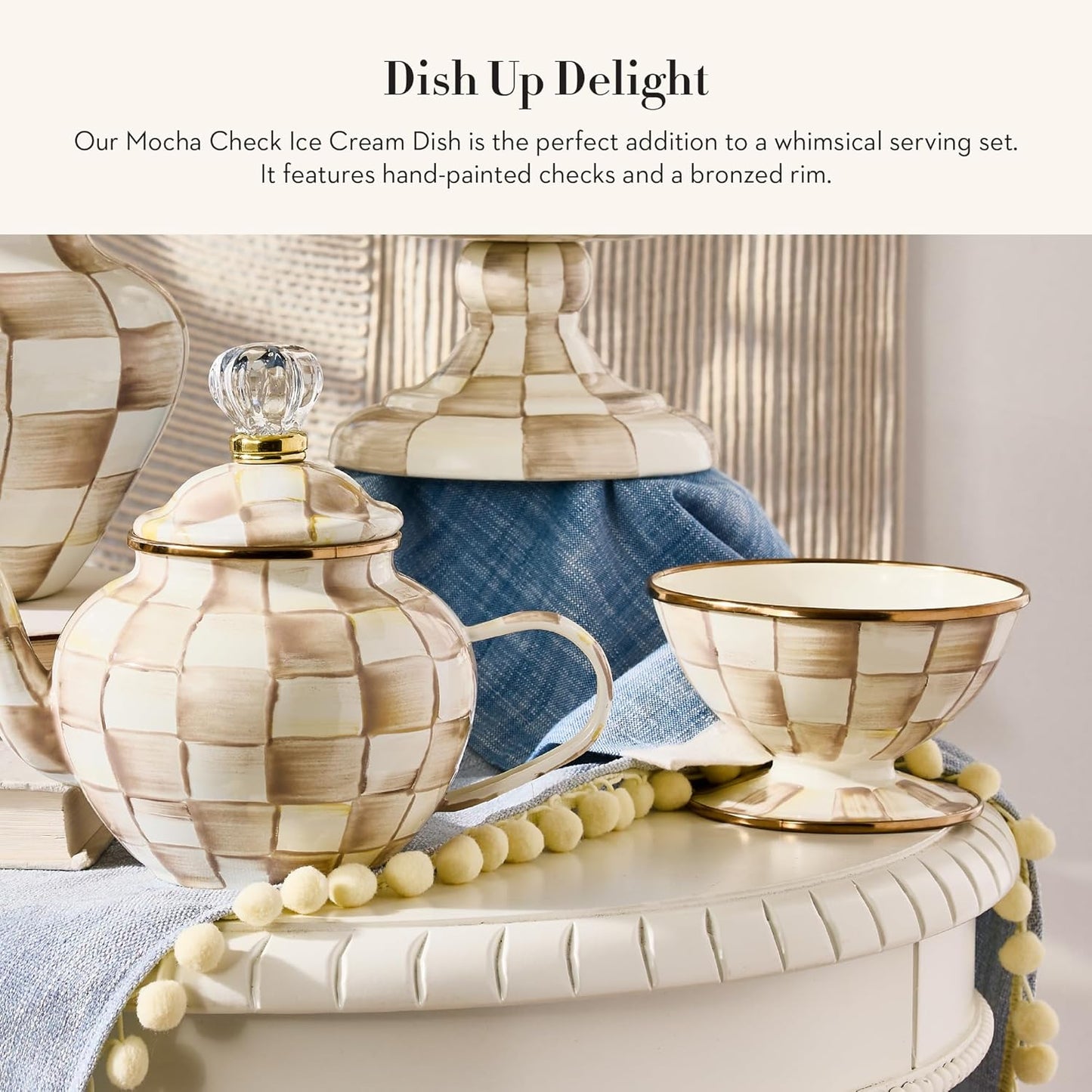 MACKENZIE-CHILDS Enamel Ice Cream Bowl, Serving Bowls for Entertaining, 2-Cup Capacity, Brown-and-White Mocha Check