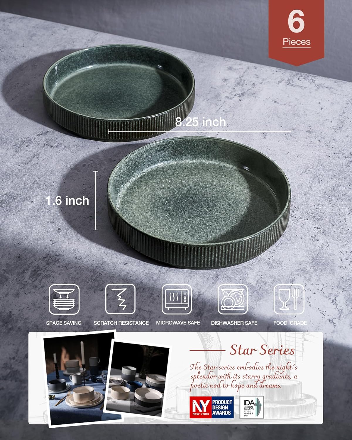 famiware Star 8.25" Pasta Bowls, Large Dinner Bowls Set of 6, Salad Bowl Plates, Shallow Bowls for Eating, Deep Forest