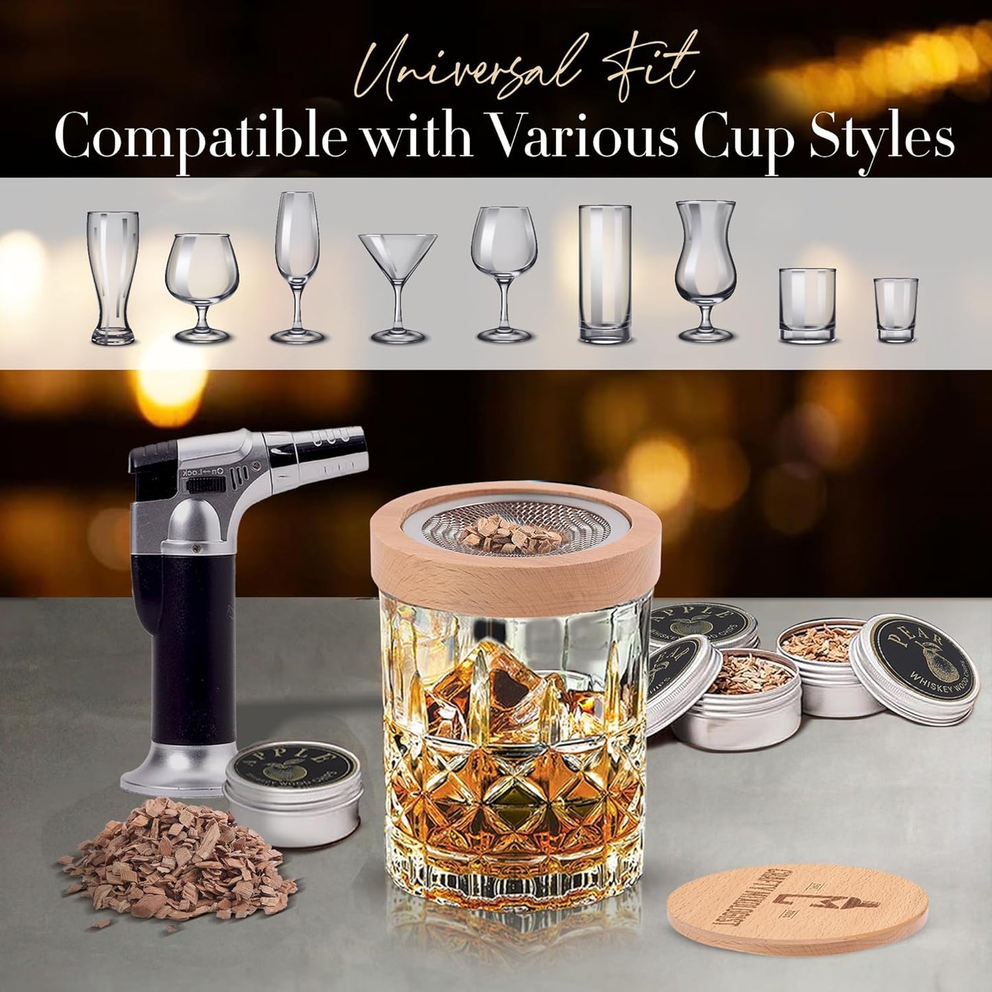 Whiskey Smoker Kit with Torch – 6 Wood Chip Flavors & 2 Glasses – Cocktail Smoker Infuser Set for Old Fashioned and Bourbon– Birthday Gifts for Men, Dad, Husband and Boyfriend(Butane Not Included)
