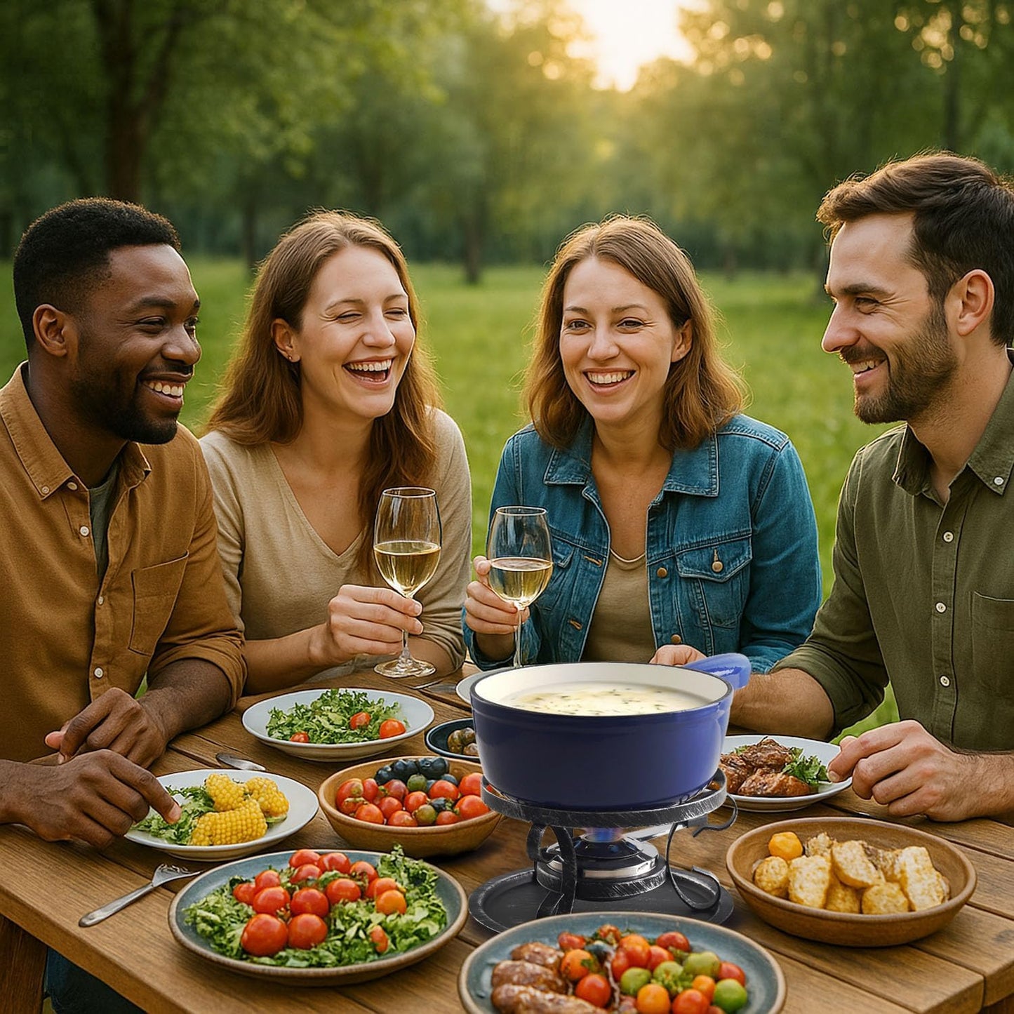 Artestia Swiss Fondue Set – Cast Iron Traditional 2L Cheese & Chocolate Fondue Pot for 4-6 People – Ideal for Melting Cheese, Chocolates, Caramel, & More, Blue