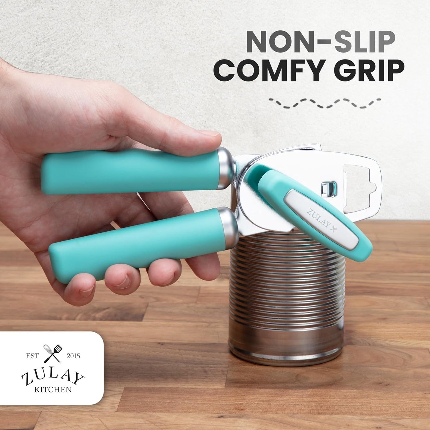 Zulay Kitchen Heavy Duty Stainless Steel Can Opener Manual with Bottle Opener - Rust Proof Manual Can Opener With Turn Knob & Comfy Soft Grip Handles - Teal