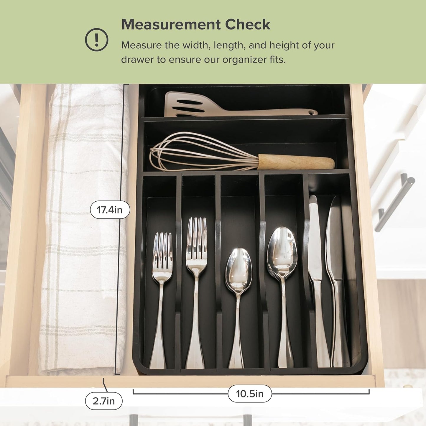 KitchenEdge Silverware Organizer - Cutlery, Flatware, and Utensil Holder for Kitchen Drawers, Fixed 10.5” Width, 7 Storage Compartments, Non-Slip Feet, Rounded Corners, 100% Bamboo, Black Finish