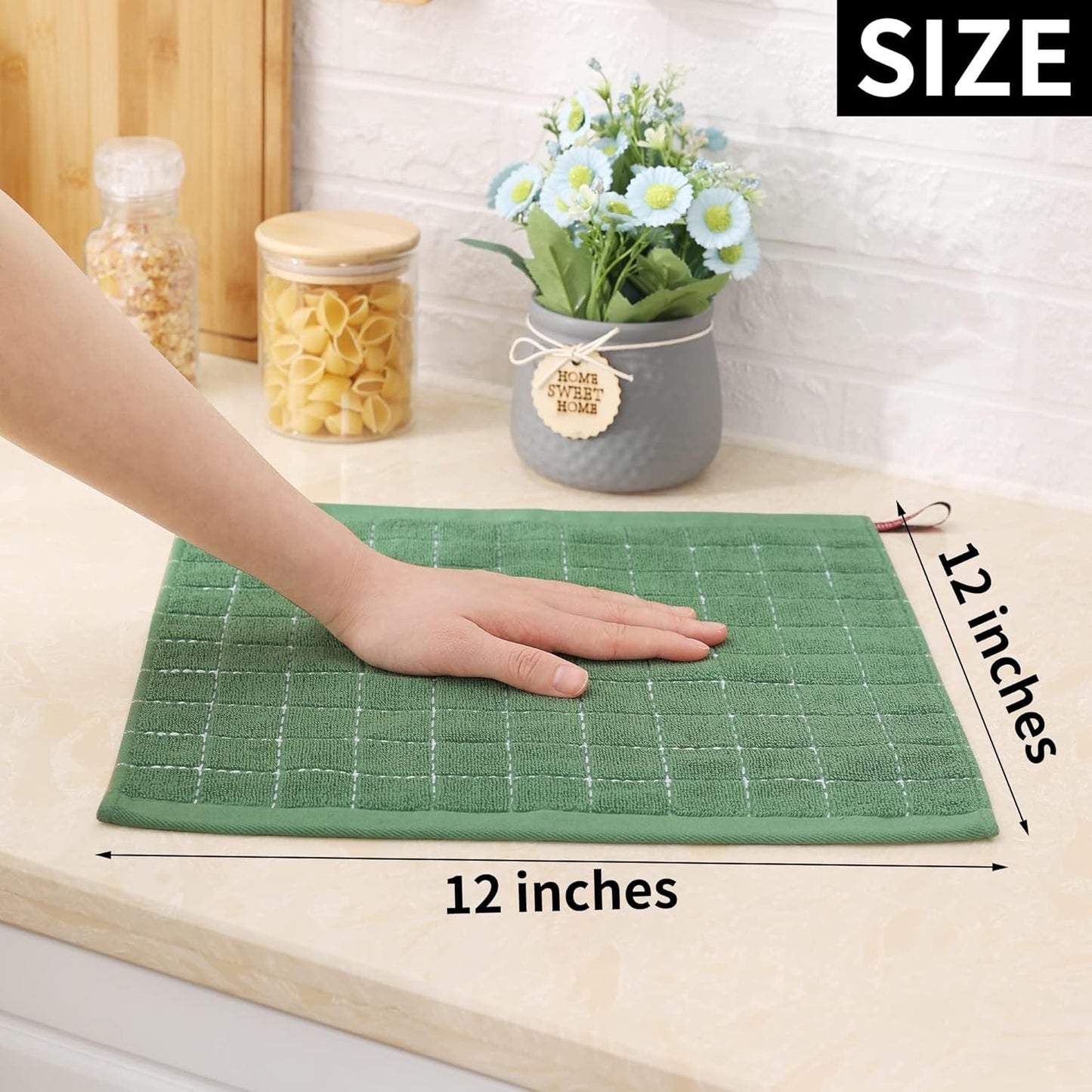 Homaxy 100% Cotton Terry Kitchen Dish Cloths, Ultra Soft and Absorbent Dish Towels for Kitchen, Suitable for Drying and Washing Dishes, 8 Pack, 12 x 12 Inches, Grass Green