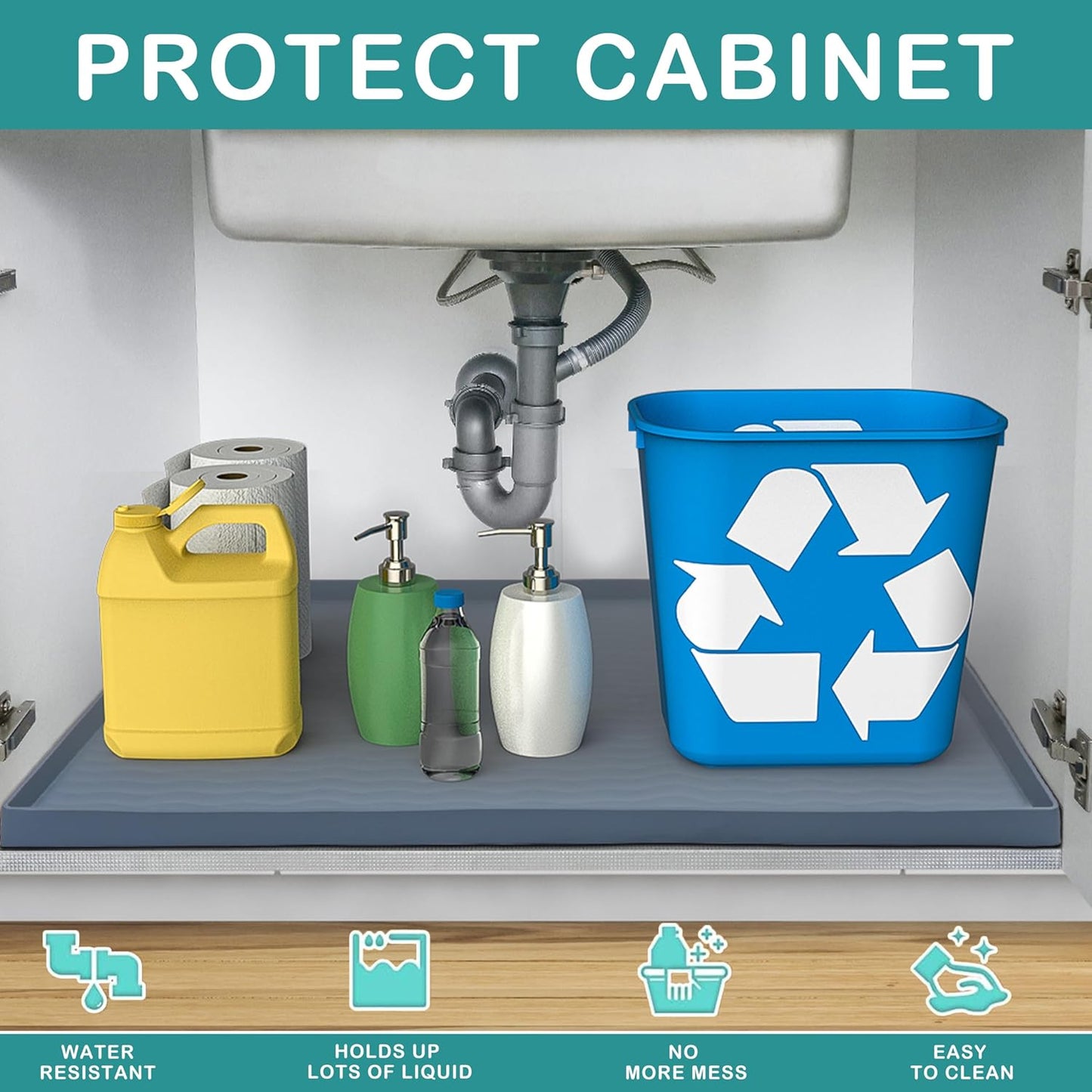 URMONA Waterproof Silicone Under Sink Mat 34'' x 19'' Shelf Liner for Kitchen and Bathroom, Cabinet and Counter Protector, Storage and Organizers, Litter Mat, Pet Cat Puppy Essentials(Light Grey)