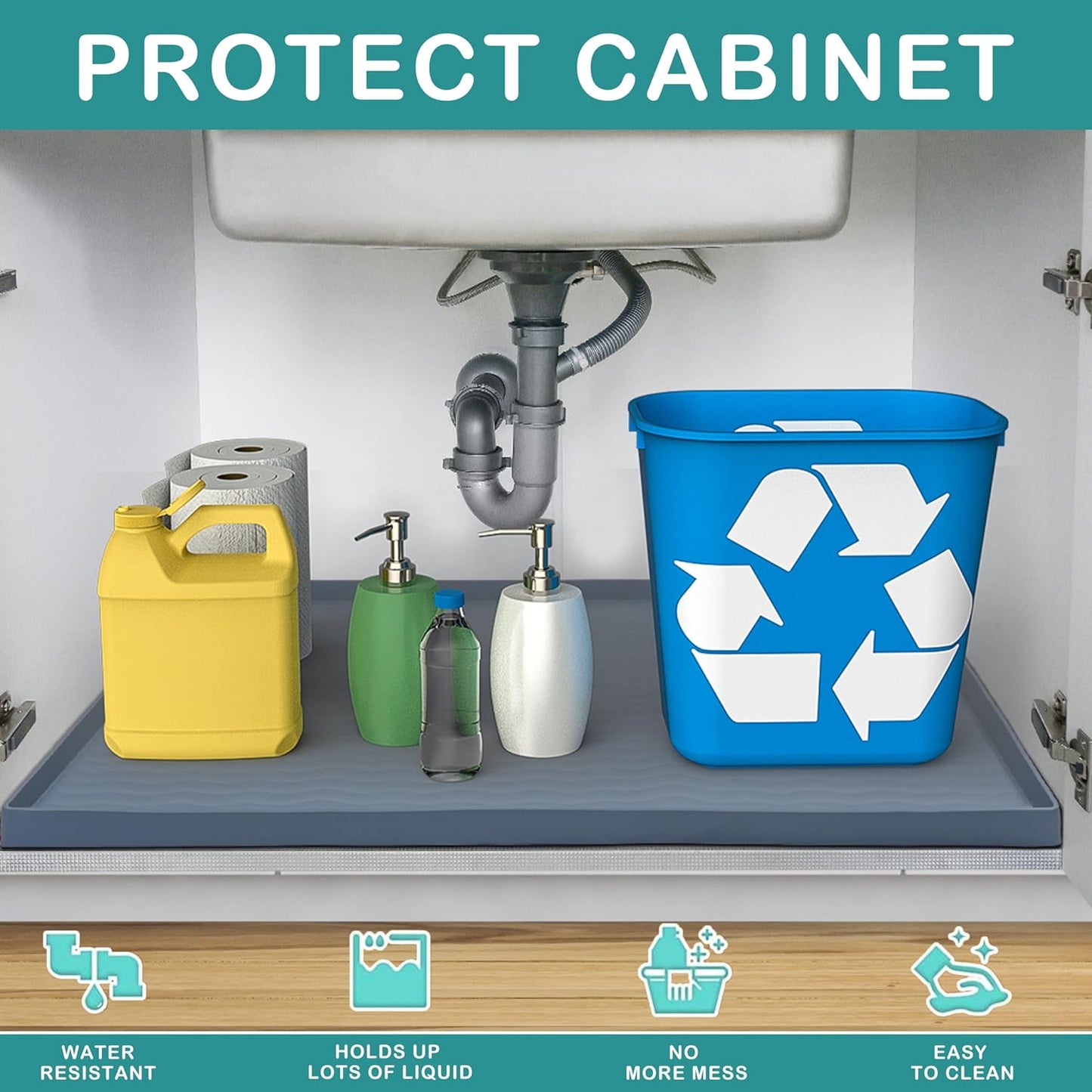 URMONA Waterproof Silicone Under Sink Mat 31'' x 22'' Shelf Liner for Kitchen and Bathroom, Cabinet and Counter Protector, Storage and Organizers, Litter Mat, Pet Cat Puppy Essentials(Cream)