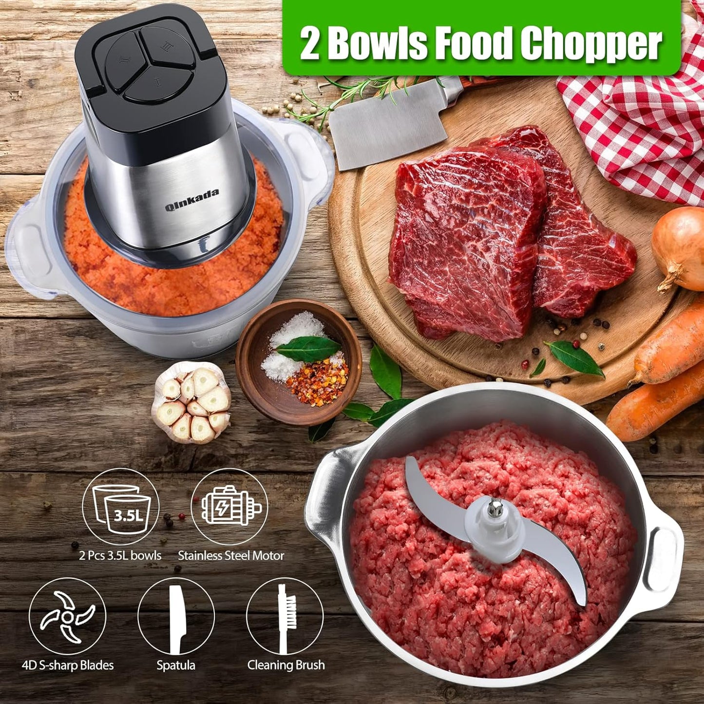 Food Processor, 2 Stainless Steel Bowls, 14Cup, 500W Powerful Electric Meat Grinder, 3 Speed Modes 4 Bi-Level Blades for Onion, Meat, Nuts, Fruit, Garlic, Vegetable, Baby Food
