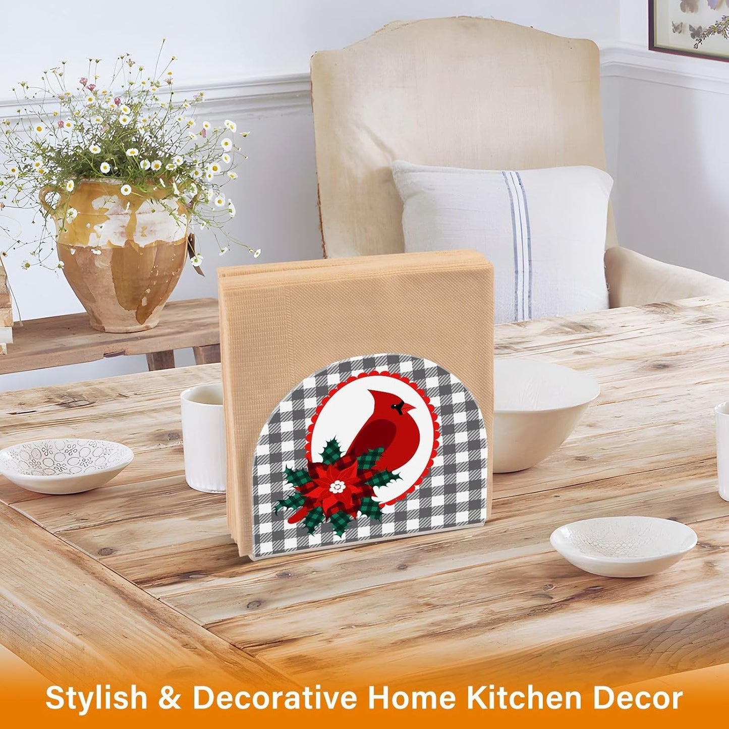 Cardinal Bird Christmas Checkered Plaid Napkin Holder for Table Paper Napkins Holder Acrylic Tissue Dispenser Kitchen Dining Room Bathroom Party Car Decor