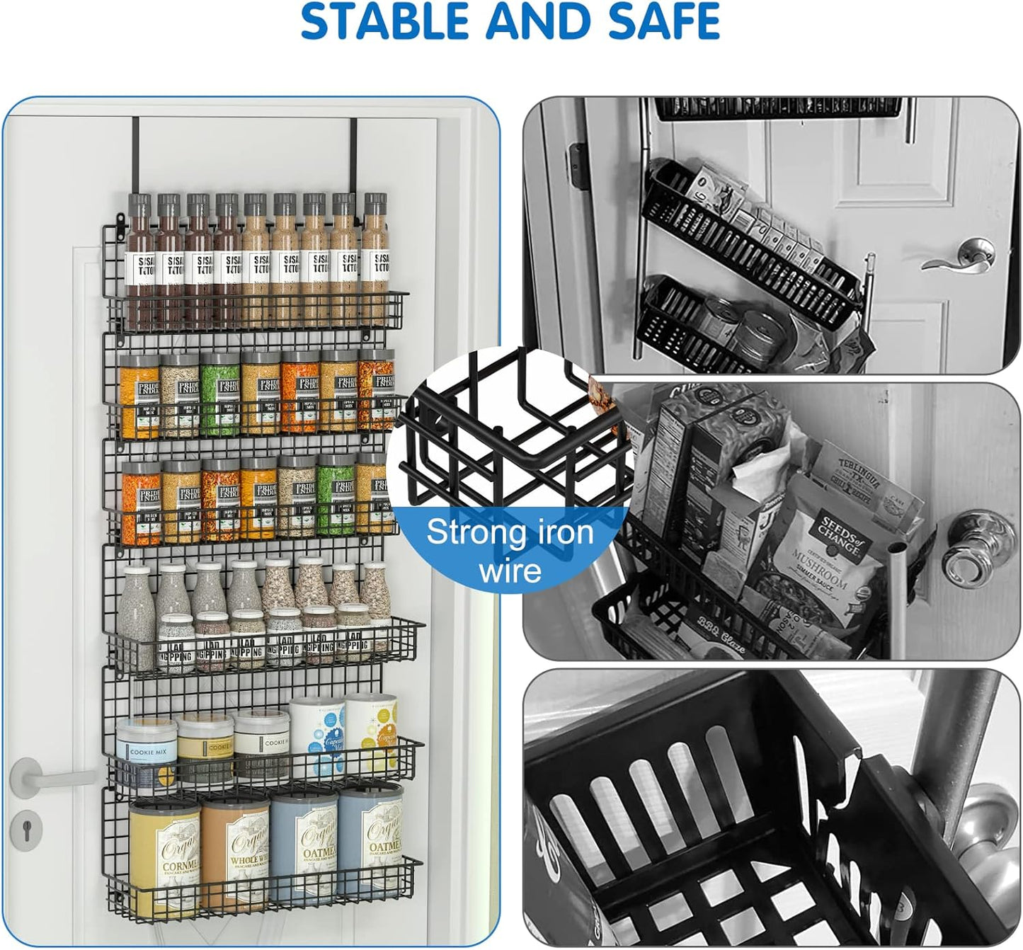 JKsmart 6-Tier Spice Rack Organizer with Door Hook, Wall Mounted & Over the Door Spice Racks for Kitchen Pantry Door Cabinet, Two Size, Large Capacity, Black