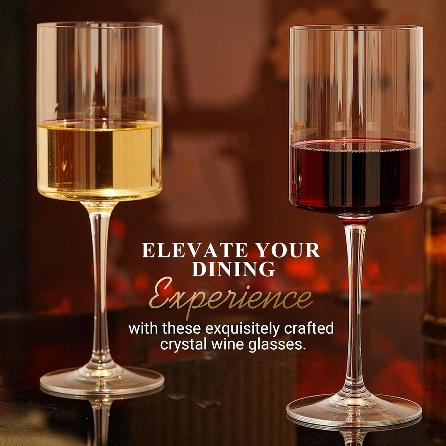 MICHLEY Square Crystal Wine Glasses Set of 4-15.5 oz large Long Stem Glassware Red/White Glasses Drinkware Perfect Gifts for Women, Wedding,Birthday Decorations