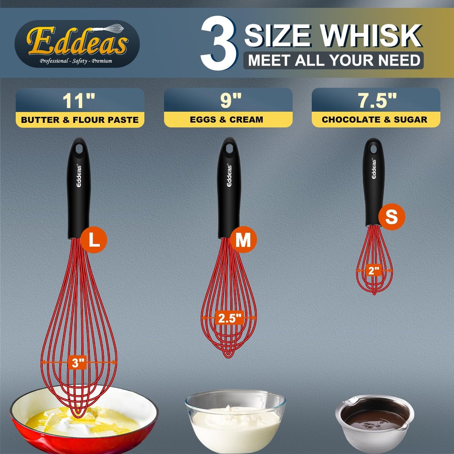 Silicone Whisk, Eddeas Stainless Steel & Silicone Non-Stick Coated Whisks set of 3-Heat Resistant (450°F) Kitchen Whisks Perfect for Blending, Whisking, Beating & Stirring, Red