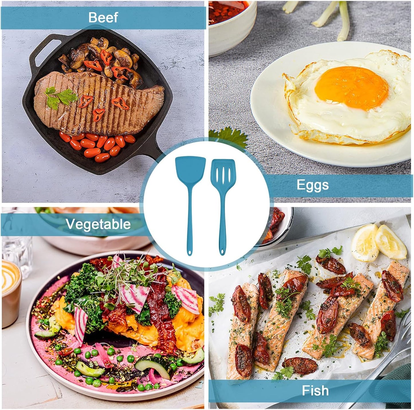 TeamFar Silicone Spatulas Set of 2, Solid & Slotted Cooking Turner for Non-stick Cookware, for Flipping/Turning/Frying, Healthy & Seamless, Heat-Resistant & Non-Scratch, Dishwasher Safe, Dark Blue