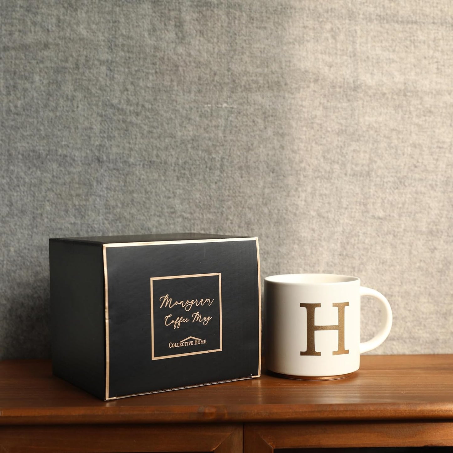 COLLECTIVE HOME - Monogram Ceramic Mugs, 15 oz Golden Initial Coffee Cups, Elegant Alphabet Tea Mugs, Elegant Personalized Mug with Gift Box, Unique Mug with Double Side Capital Letter (H)