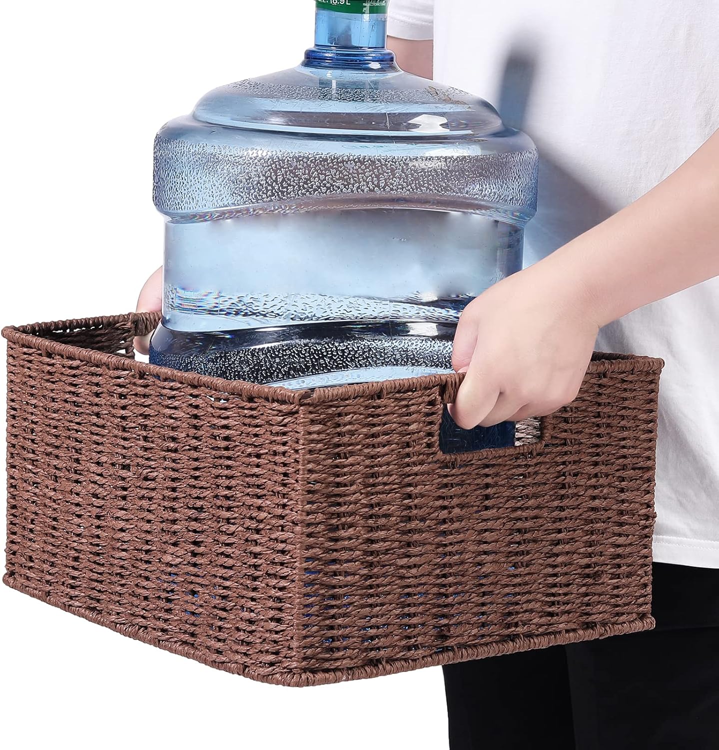 HOONEX Large Woven Storage Baskets, Paper Rope With Sturdy Metal Wire Frame, for Shelves, Set of 2, Dark Brown