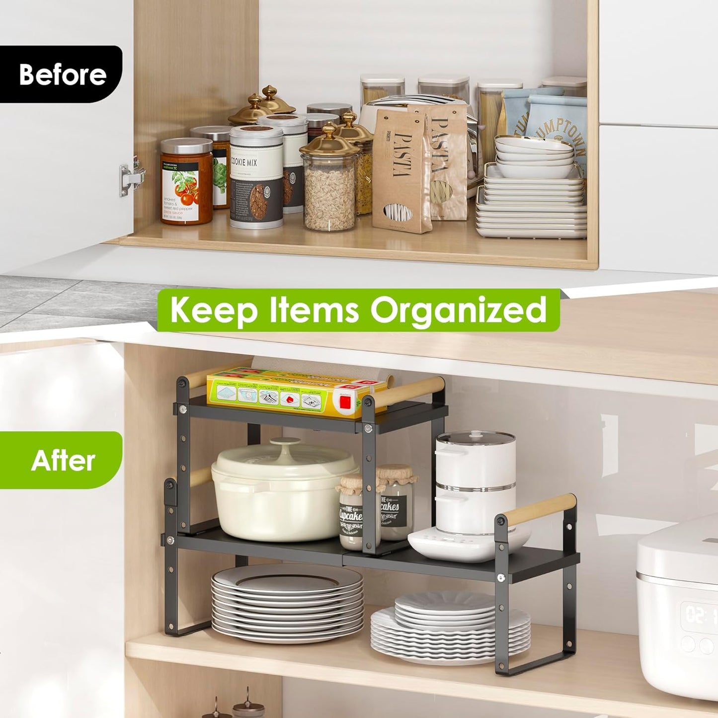 DOLALIKE Expandable kitchen Countertop Organizer, Stackable Cabinet Shelf Organizers, Space Saving Spice Rack Pantry Storage for Bathroom Office Organization (6.9''D*13-19.7''W*7.9''H, Black)