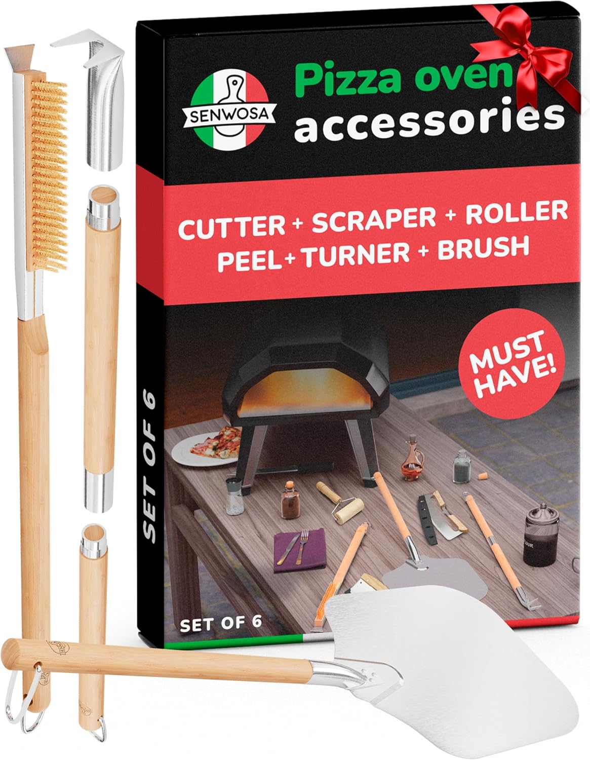 Pizza Oven Accessories Set - 3 Piece Pizza Making Kit with Pizza Peel, Pizza Oven & Stone Brush with Scraper, Turning Fork & Bubble Popper - Tools for Indoor Outdoor Brick Wood Gas Ovens