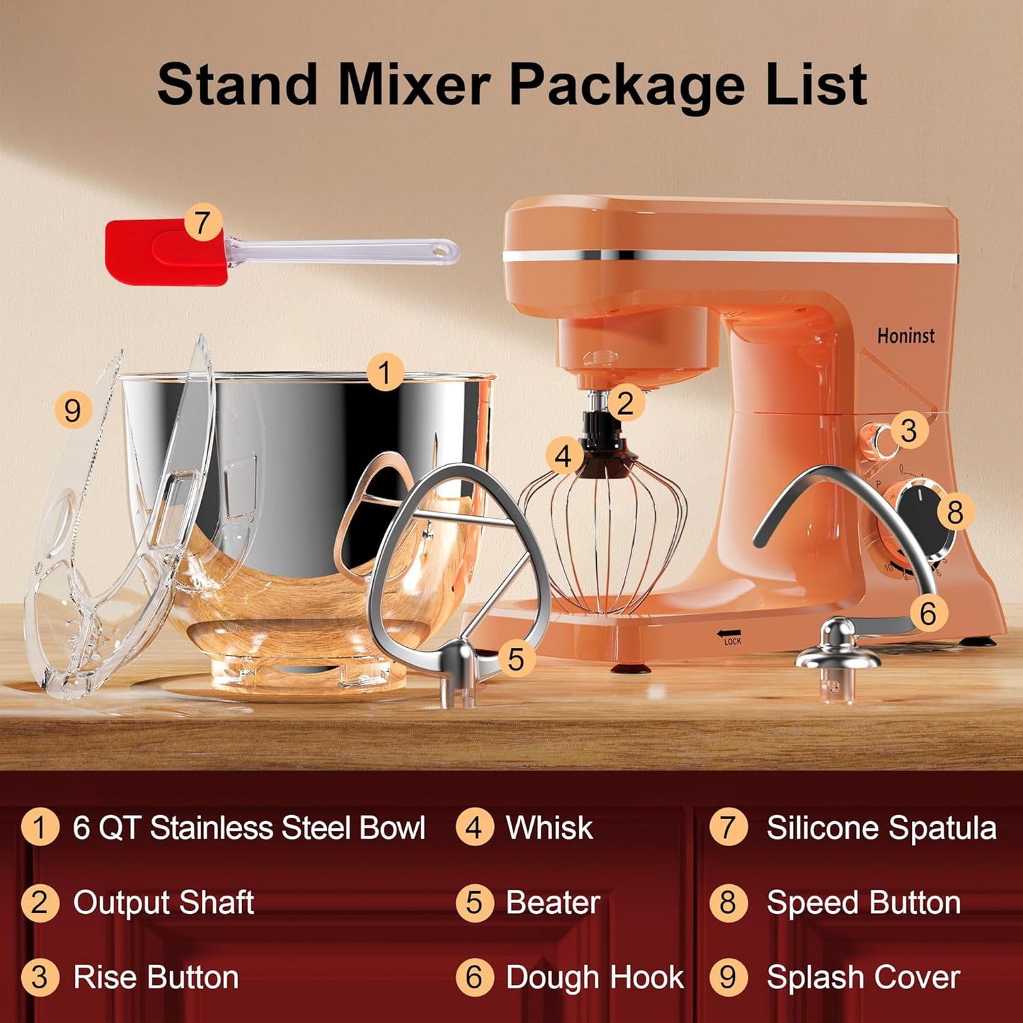 10-Speed Stand Mixer with 8-in-1 Splash Guard, Tilt-Head, 6QT Stainless Steel Bowl+Dishwasher-Safe Dough Hook/Whisk/Beater/Spatula for Baking Bread, Cakes, Cookies, Orange