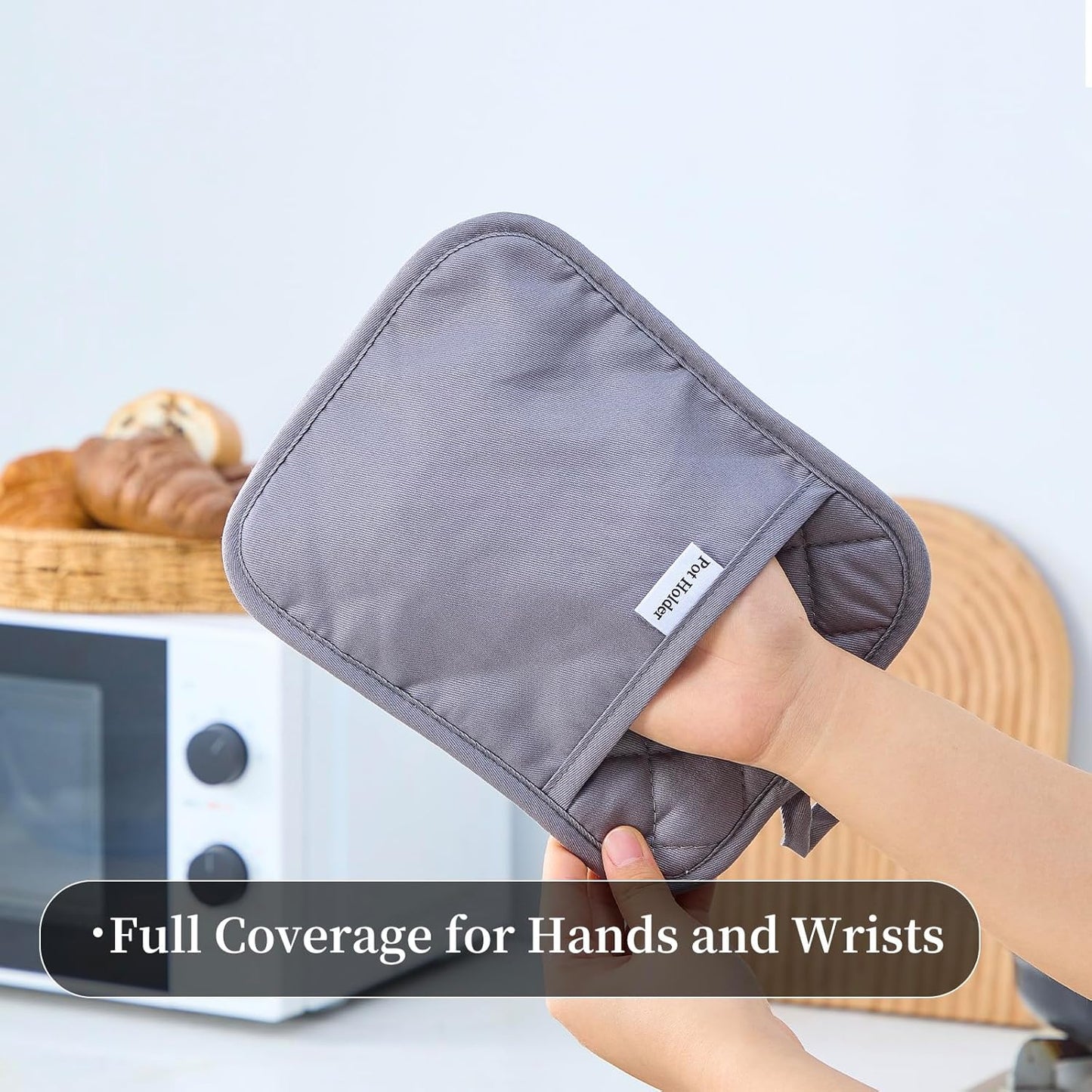 Kitchen Everyday Basic Pot Holder Heat Resistant Coaster Soft Silicone Water Resistant Pot Holder Set Oven Mitts with Pocket, 2 Piece Set, 7"x9" Grey