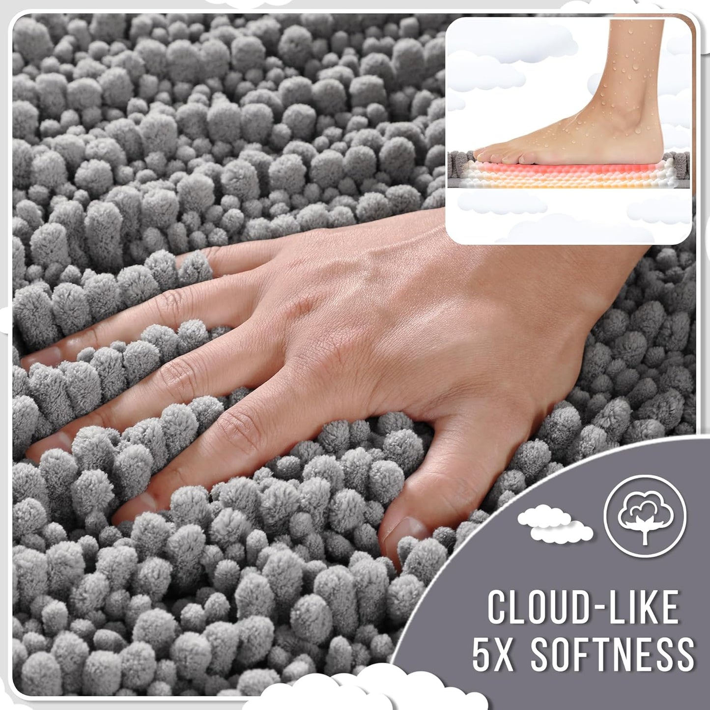 Yimobra Bathroom Runner Rug 70x24 Inch - Extra Long Non Slip Chenille Bath Mat, Soft & Absorbent, Machine Washable Shaggy Hallway Carpet for Vanity Tub Shower, Gray Home Decor Accessories