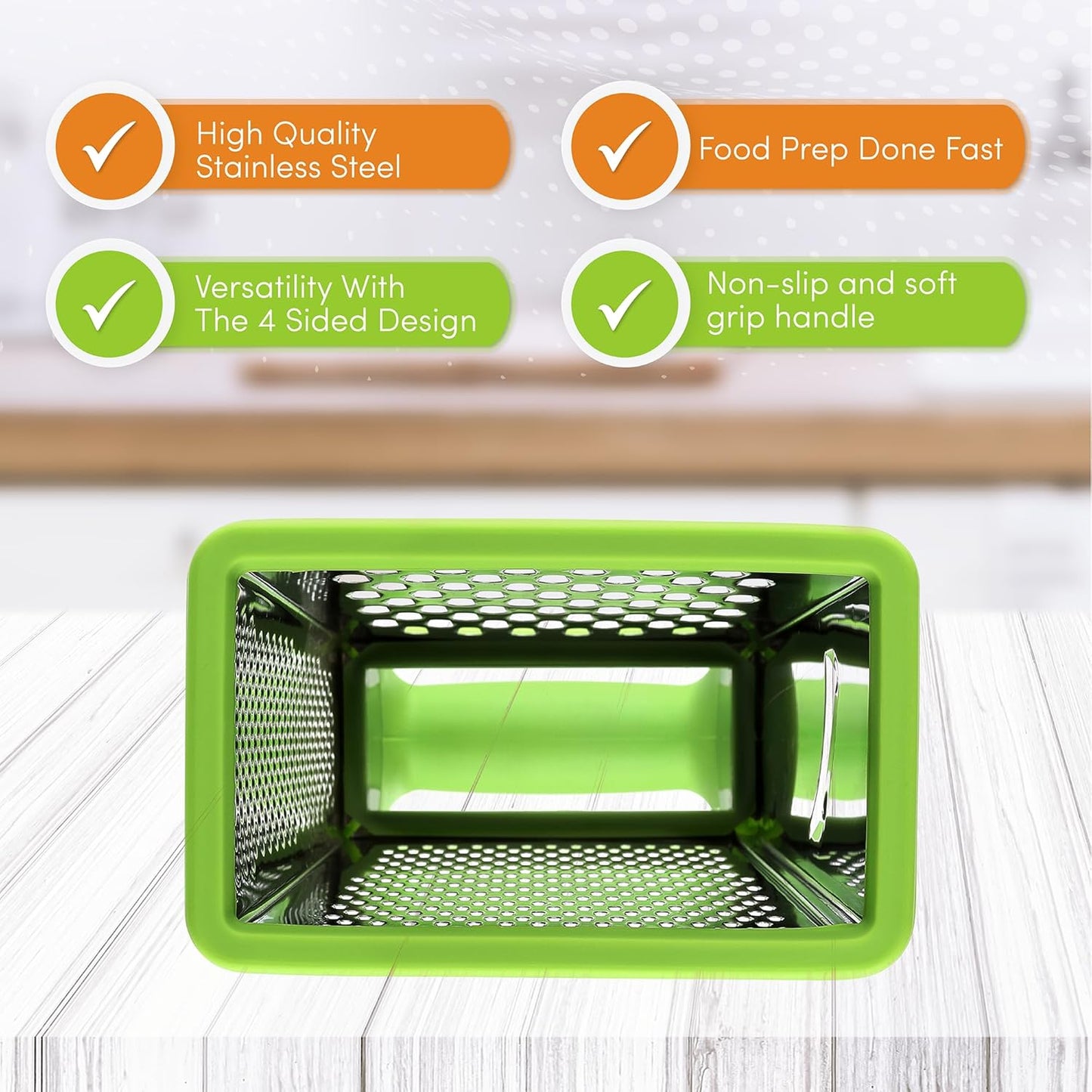 Spring Chef Professional Green 10" Stainless Steel Parmesan Cheese Grater with Handle, 4 Sided Handheld Box Grater, Kitchen Carrot Shredder for Potato, Cheese, Ginger, Vegetables