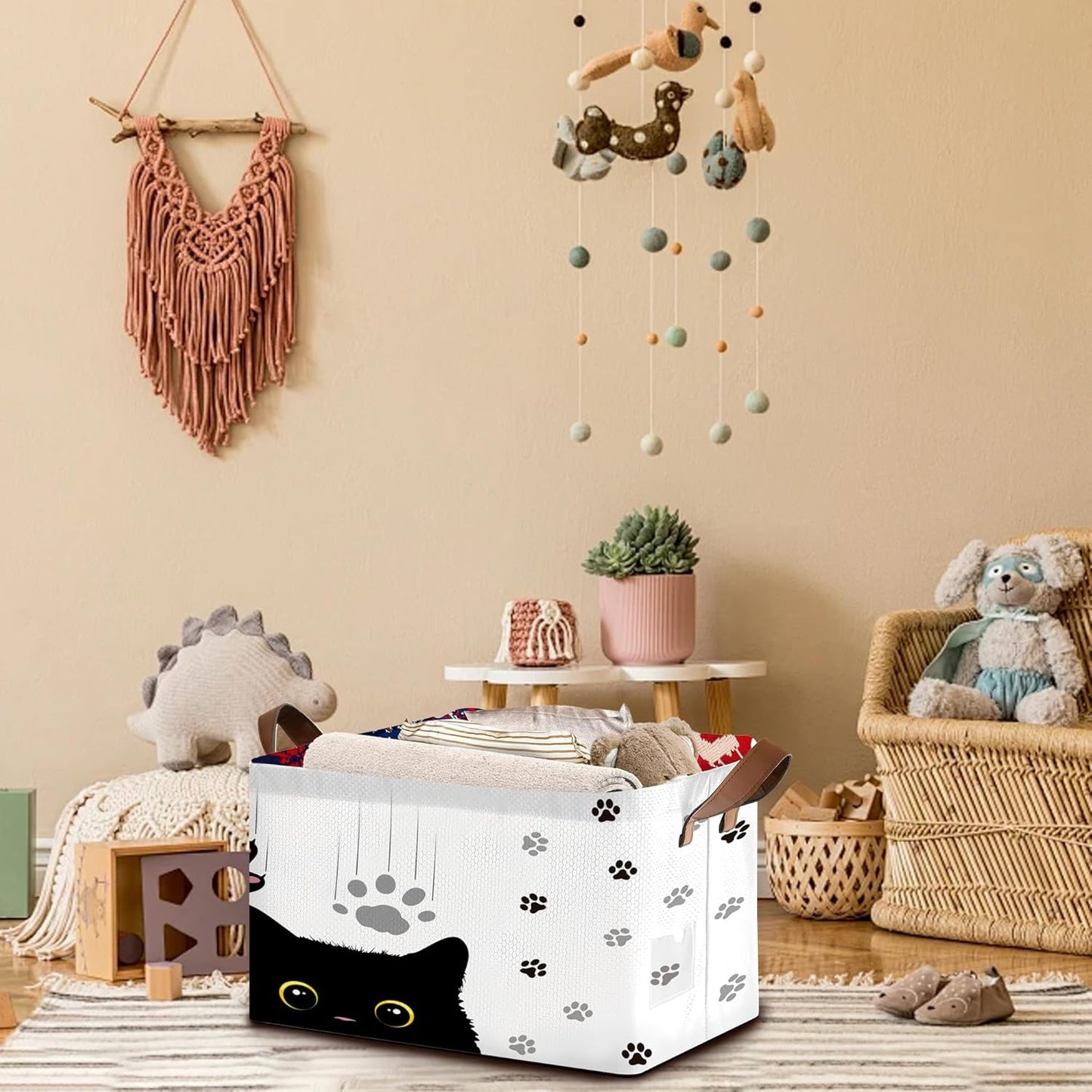 Black Cat Storage Basket Large 17x11.5x10.5 Inche-Collapsible Fabric Organizer Bin with Handles for Halloween Decor, Pet Lovers,Gothic Theme-Decorative Hamper with Minimalist Feline Design-Single Pack