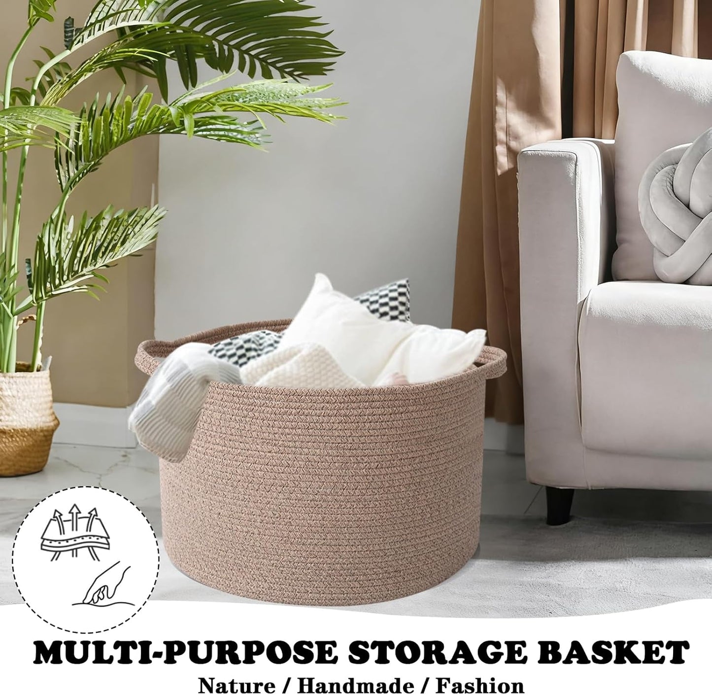 Large Blanket Basket for Organizing,115L Closet Organizers and Storage Bins Box for Shelves Woven Rope Storage Baskets,Living Room,Bedroom,Dorm,Laundry room (Brown)