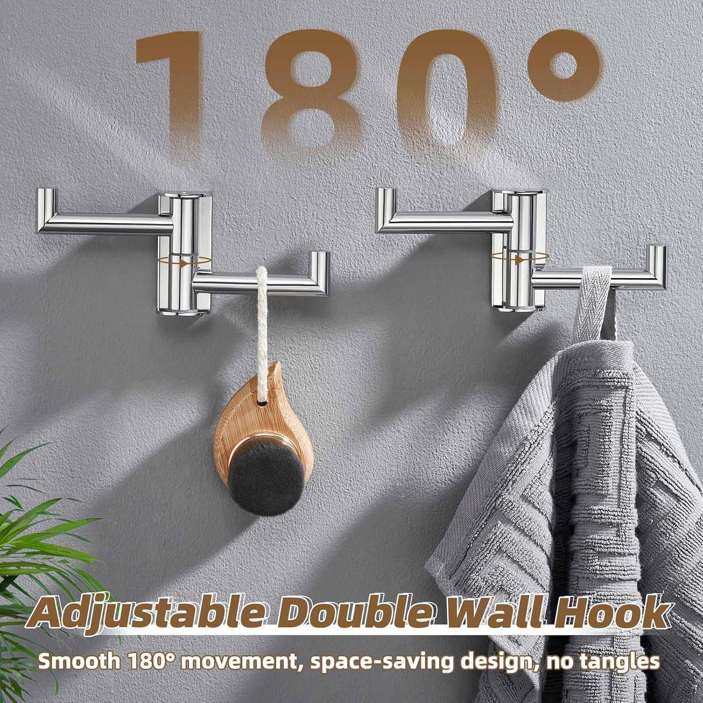 APLusee Swivel Towel Hook Polished Chrome 2 Pack, 304 Stainless Steel Bathroom Robe Hook Towel Holder, Folding Wall Hook Wall Mounted