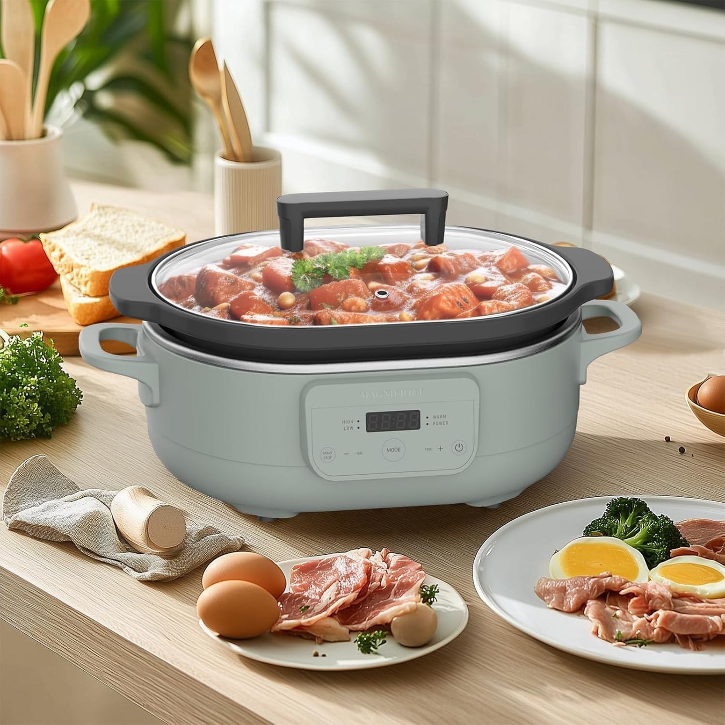 6 Quart Programmable Slow Cooker Removable Healthy Nonstick Crock Pot - Small Kitchen Appliance for Family Dinners - Serves 6+ People - Heat Settings: Keep Warm Olive Olive