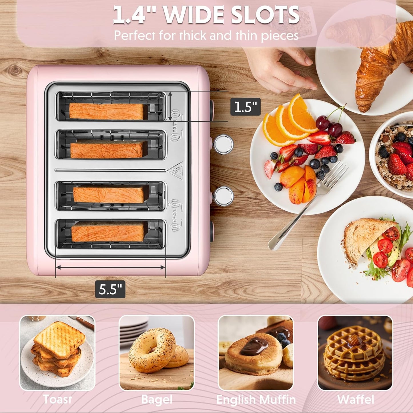 BUYDEEM DT640 4-Slice Toaster, Extra Wide Slots, Retro Stainless Steel with High Lift Lever, Bagel and Muffin Function, Removal Crumb Tray, 7-Shade Settings,Pink