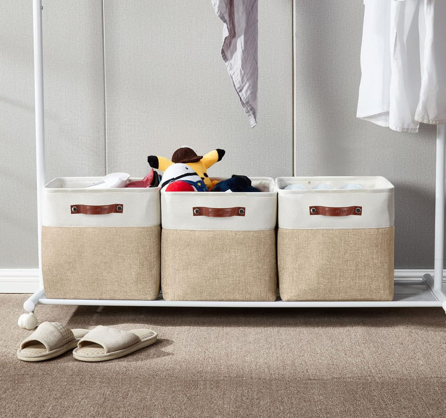 DECOMOMO 13 Inch Cube Storage Bins, Fabric Storage Cube, Basket for Kallax Shelves (Beige & White, Cube 13" - 4 Pack)