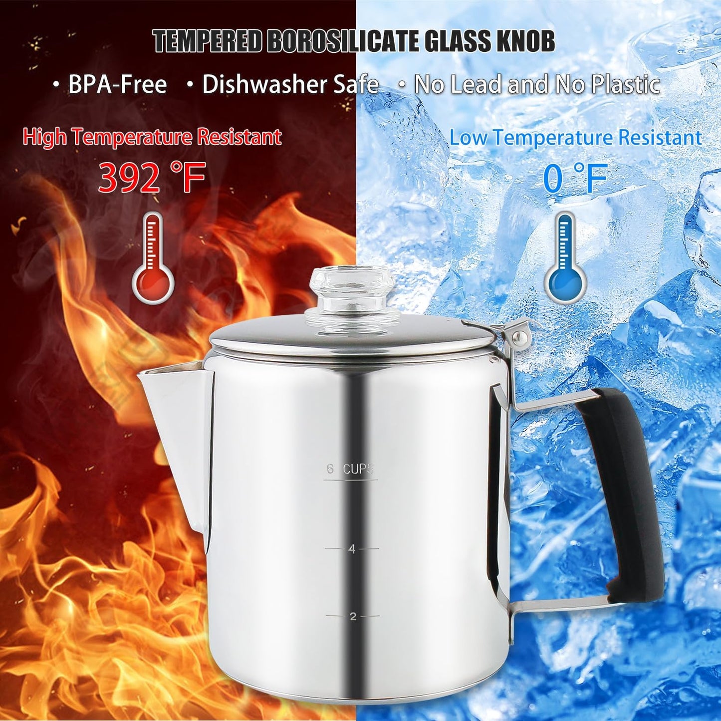 Multi Use 6 Cup Coffee Pot Bundle Coffee Percolator with 2 Mugs Stainless Steel Coffee Maker with Two Heat Resistant Tough Borosilicate Glass Knob Fireproof Silica Handle Using on any Stovetop