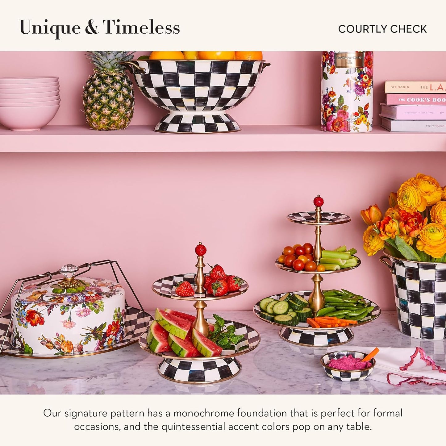 MACKENZIE-CHILDS Enamel Relish Dish, Small Serving Bowl for Entertaining, Black-and-White Courtly Check